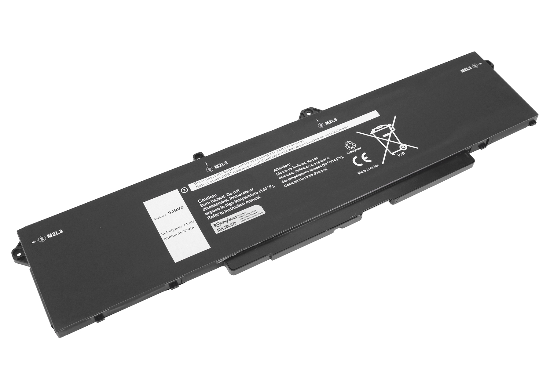Ein schwarzer Laptop-Akku mit weißen Textetiketten liegt auf einer weißen Oberfläche. Warnhinweise sind sichtbar. Der Akku hat ein CE-Zeichen.