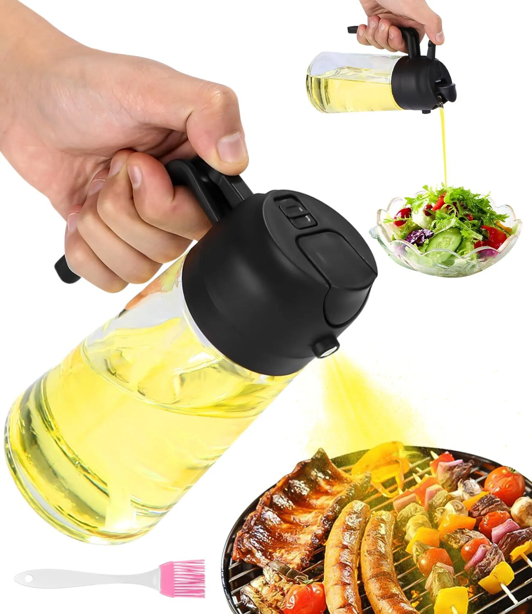 Eine Hand hält einen Öldosierer. Öl wird über Salat, Grill mit Fleisch und Gemüse und einen rosa Pinsel gegossen.