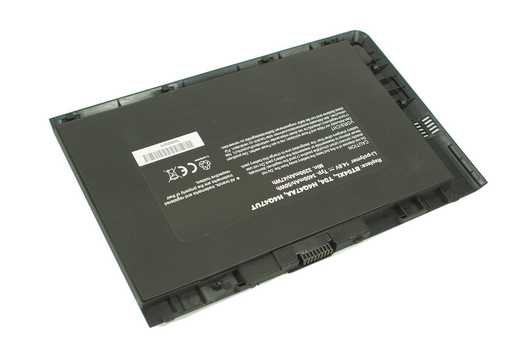 Laptop-Akku mit Warnhinweisen und Spezifikationen. Schwarz und grau, rechteckige Form, mit Stecker.
