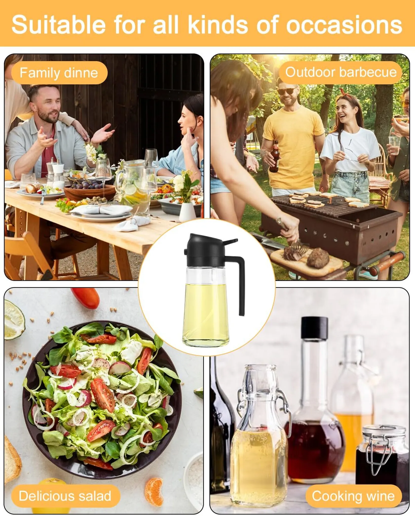 Das Bild zeigt Szenen von Familienessen, Grillen im Freien, Salat und Kochwein, was auf Anlässe hindeutet.