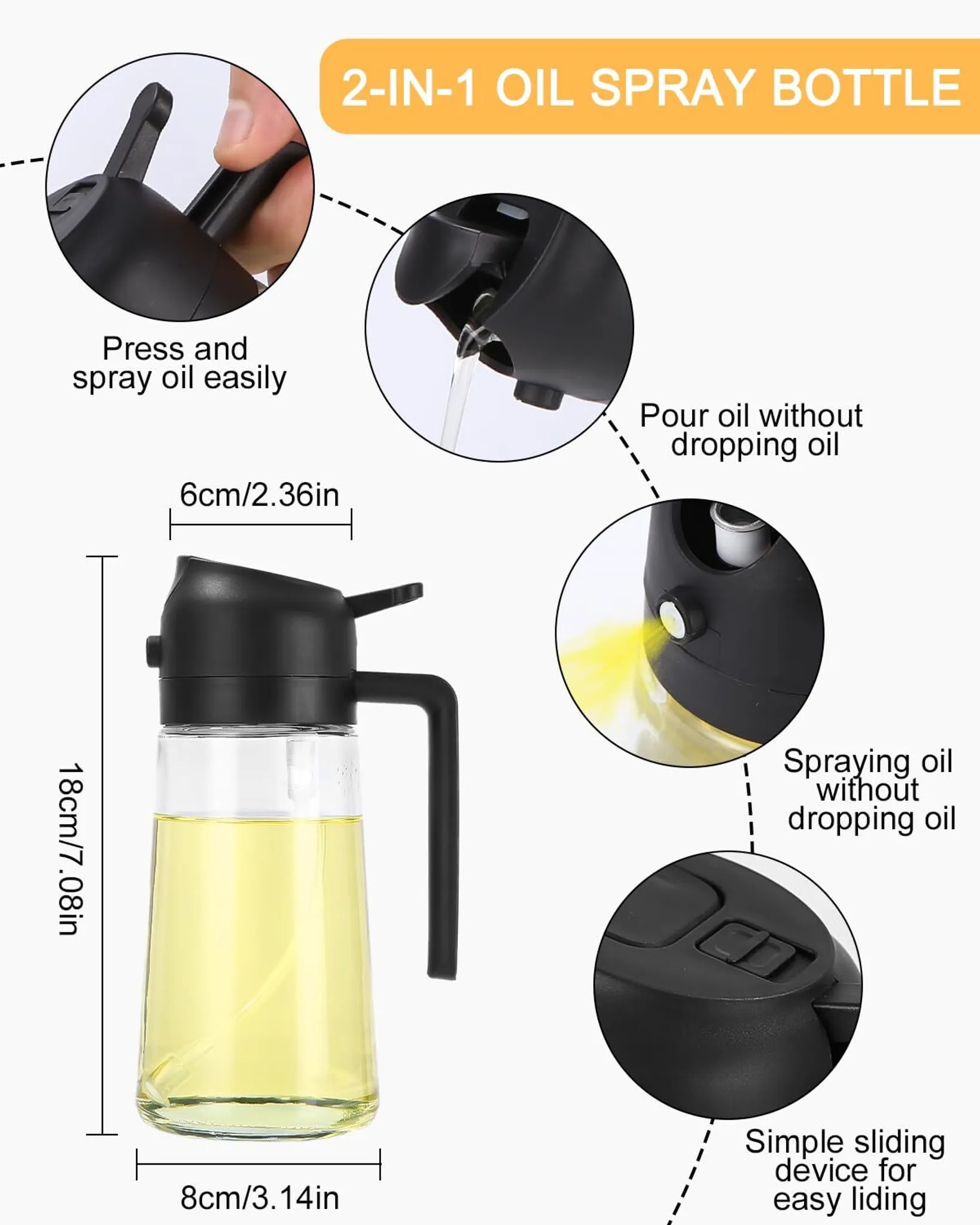 Eine 2-in-1-Ölsprühflasche, zum einfachen Sprühen von Öl drücken. Es hat eine Schiebevorrichtung für einfache Bedienung.
