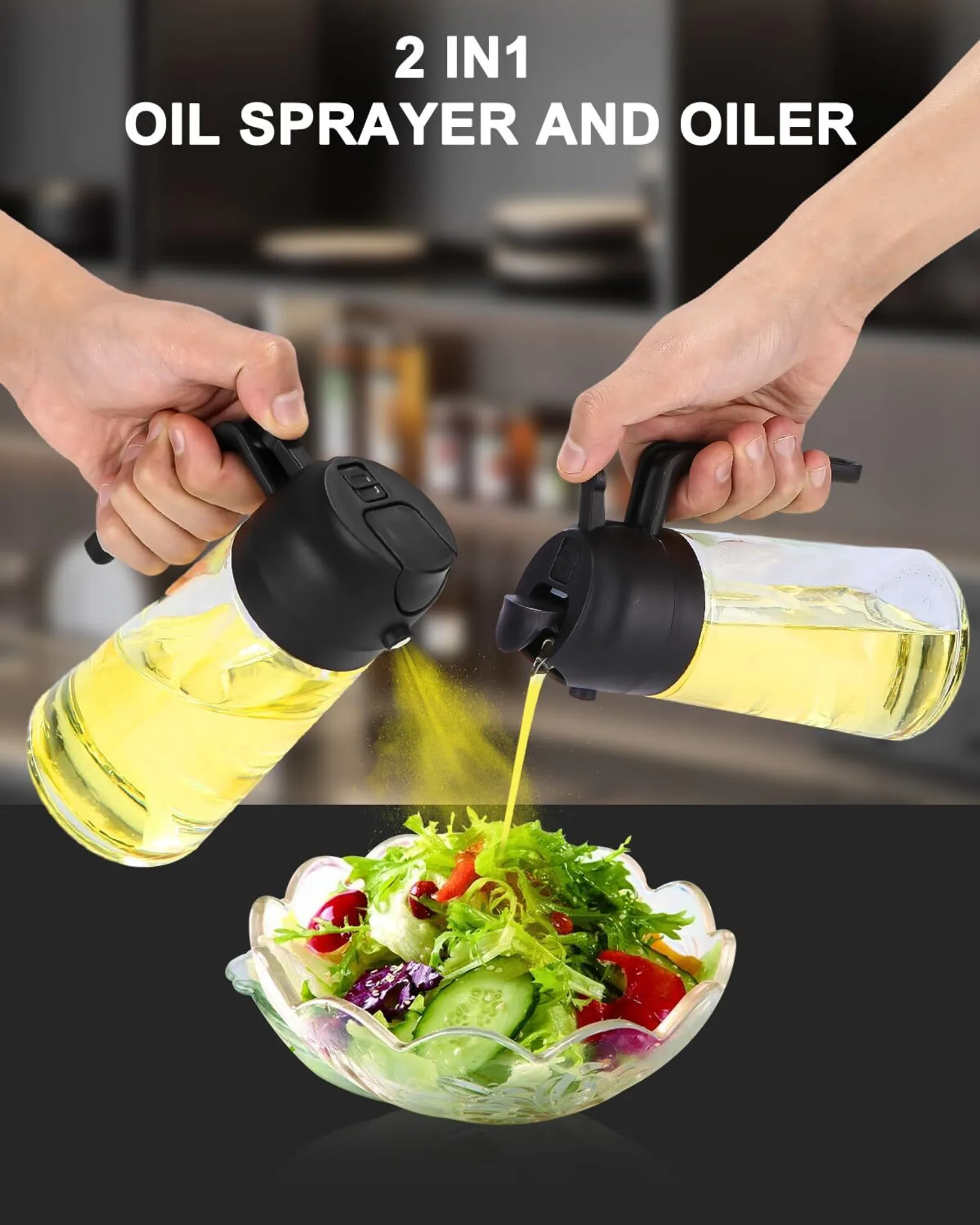 Hände halten Ölsprüher und gießen Öl auf eine Salatschüssel mit frischem Gemüse.