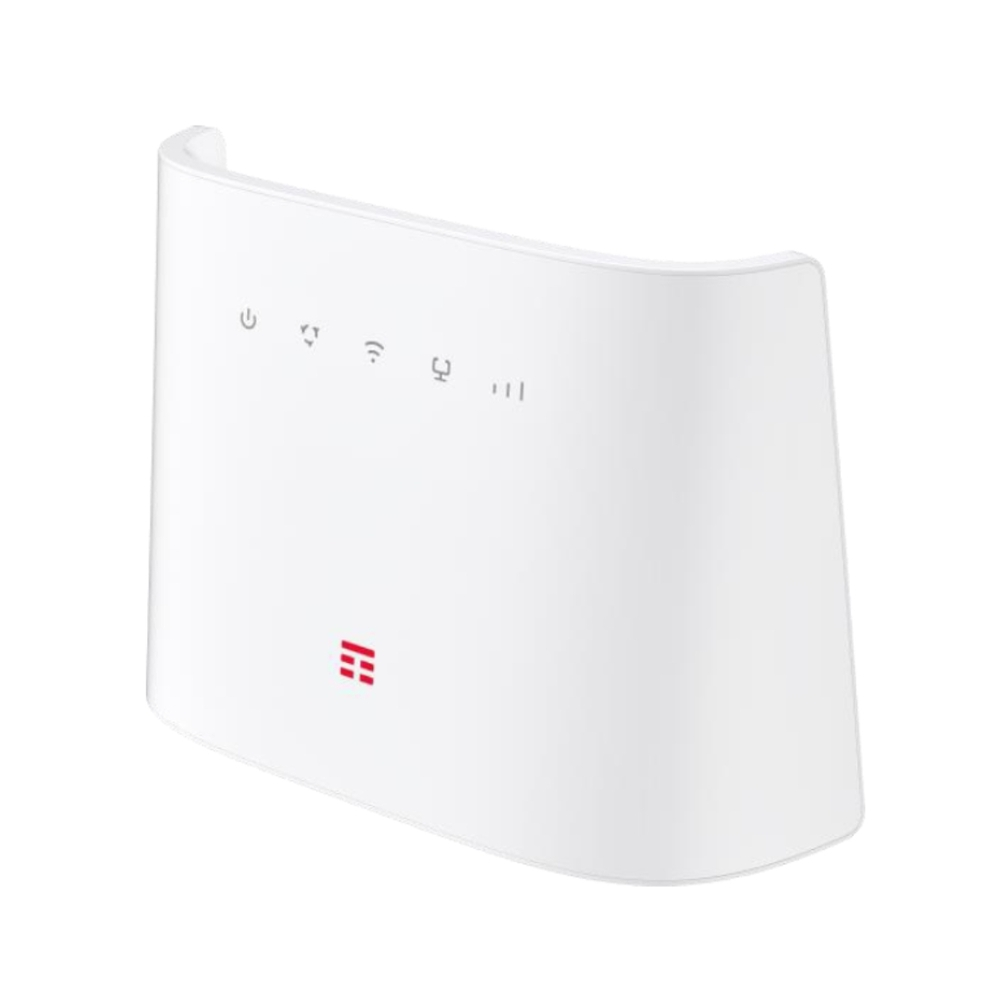 Ein weißer Router mit Kontrollleuchten und rotem Logo. Der Router ist gebogen und hat ein elegantes Design. Er steht auf weißem Hintergrund.