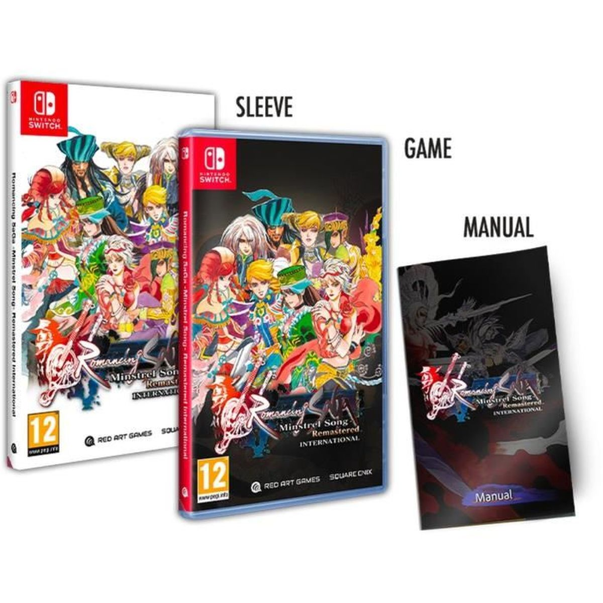 Pudełko, okładka i instrukcja gry 'Romancing SaGa -Minstrel Song- Remastered' na Nintendo Switch. Zawiera grafikę postaci i szczegóły gry.