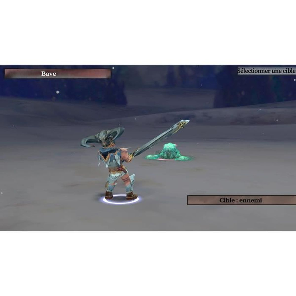 Postać z mieczem stoi naprzeciw zielonej masy, z tekstem wskazującym 'cel wroga' i 'wybierz cel' w scenie gry.