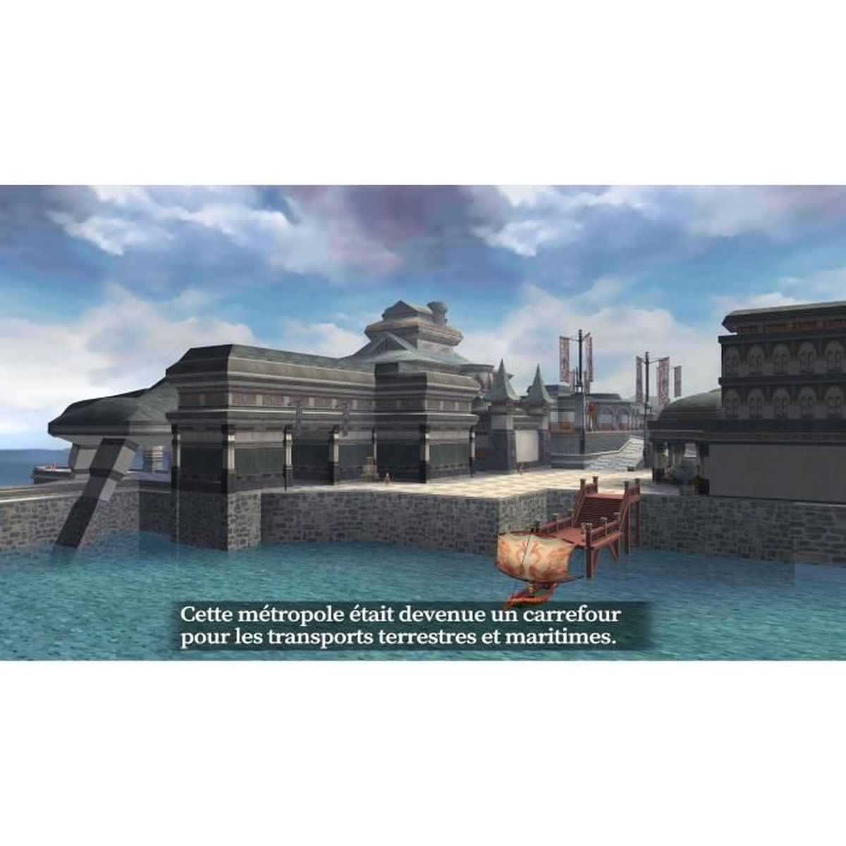 Nadbrzeżne miasto z dużymi budynkami, pomostem i małą łodzią. Niebo jest pochmurne. Miasto jest węzłem transportowym.