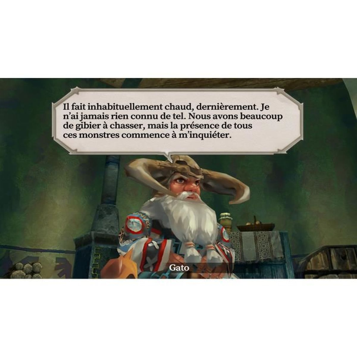 Postać o imieniu Gato mówi w dymku. Nosi kapelusz z rogami. W tle widać kominek i meble.