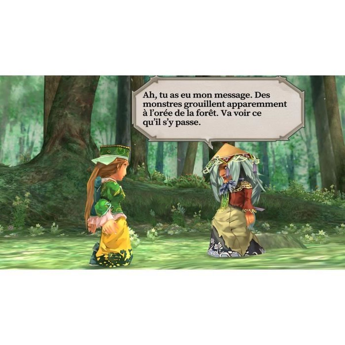 Dwie postacie w lesie rozmawiają. Dymek zawiera francuski tekst o potworach na skraju lasu.