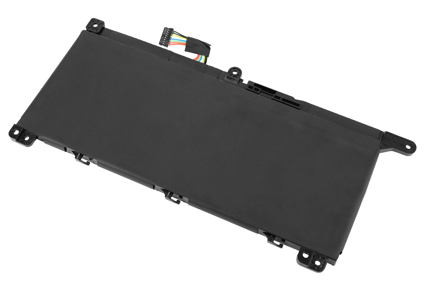 Ein rechteckiger schwarzer Laptop-Akku mit einem mehrfarbigen Stecker auf weißem Hintergrund.