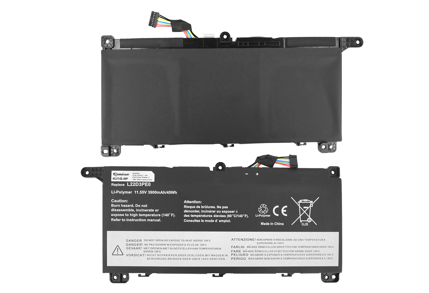 Ein Laptop-Akku mit Warnhinweisen. Es hat ein schwarzes Kunststoffgehäuse, einen Stecker mit farbigen Drähten und Sicherheitshinweise.