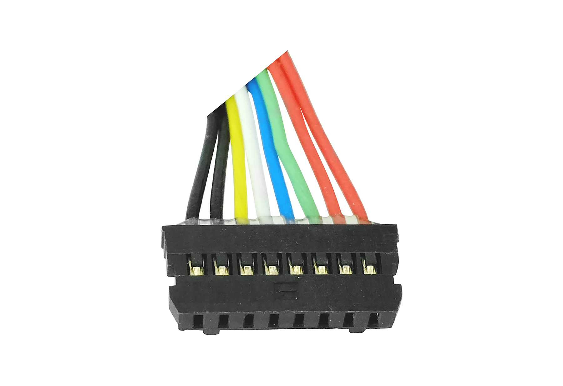 Schwarzer Stecker mit farbigen Drähten: schwarz, gelb, weiß, blau, grün und rot. Drähte sind oben angeschlossen.