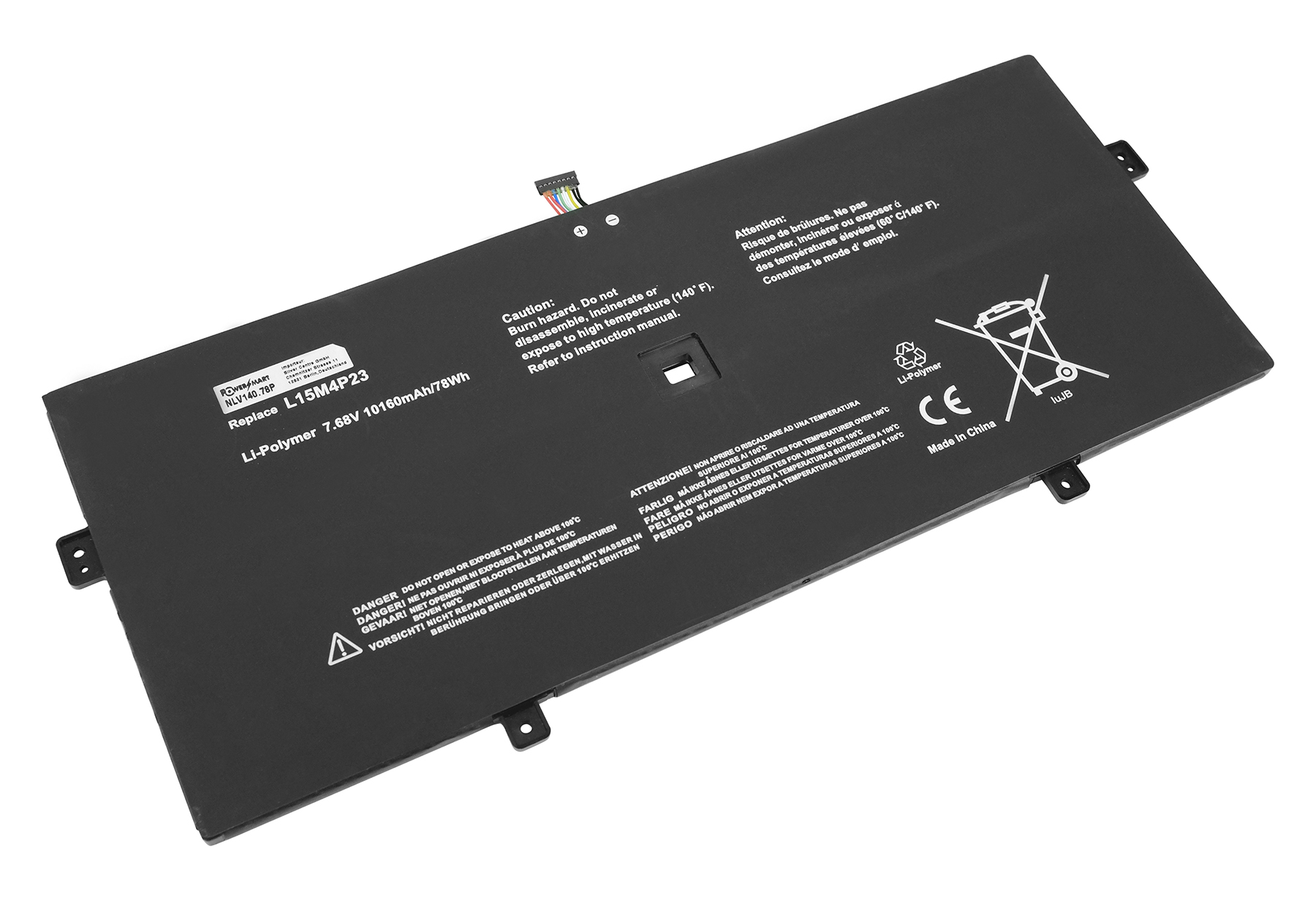 Schwarzer Laptop-Akku mit Warnhinweisen. Text enthält 'Li-Polymer', Spannung und Sicherheitshinweise. CE-Zeichen und Made in China.