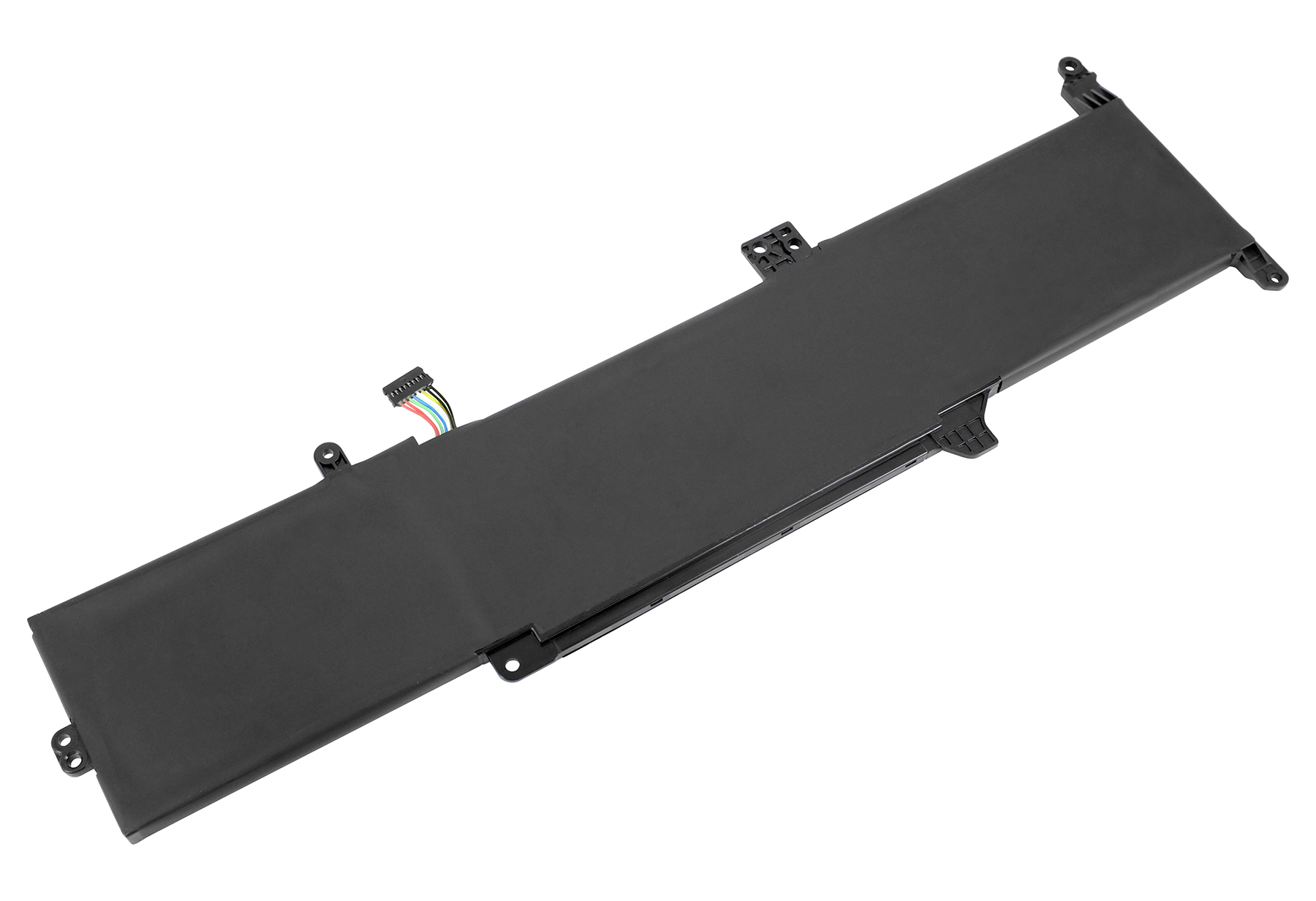 Ein schwarzer, rechteckiger Laptop-Akku auf weißem Grund. Er hat einen Stecker mit farbigen Drähten und Befestigungspunkten.