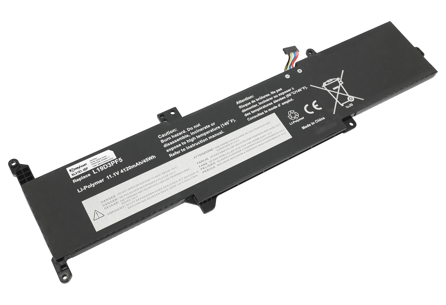 Ein Laptop-Akku mit Warnhinweisen und technischen Details. Schwarzer Körper, Text auf Englisch und anderen Sprachen.