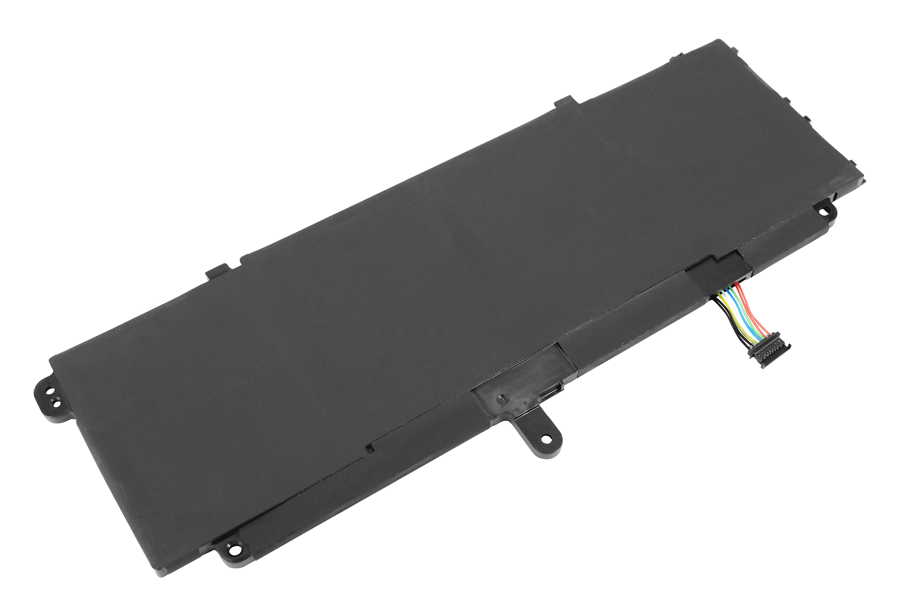 Ein rechteckiger schwarzer Laptop-Akku. Er hat einen Stecker mit farbigen Drähten. Der Hintergrund ist weiß.