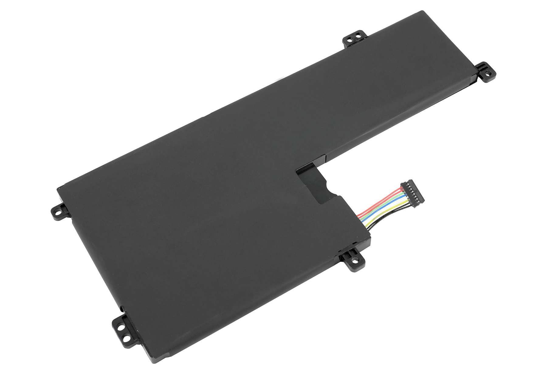 Ein schwarzer Laptop-Akku mit Anschluss. Der Akku hat eine rechteckige Form mit einem Ausschnitt.
