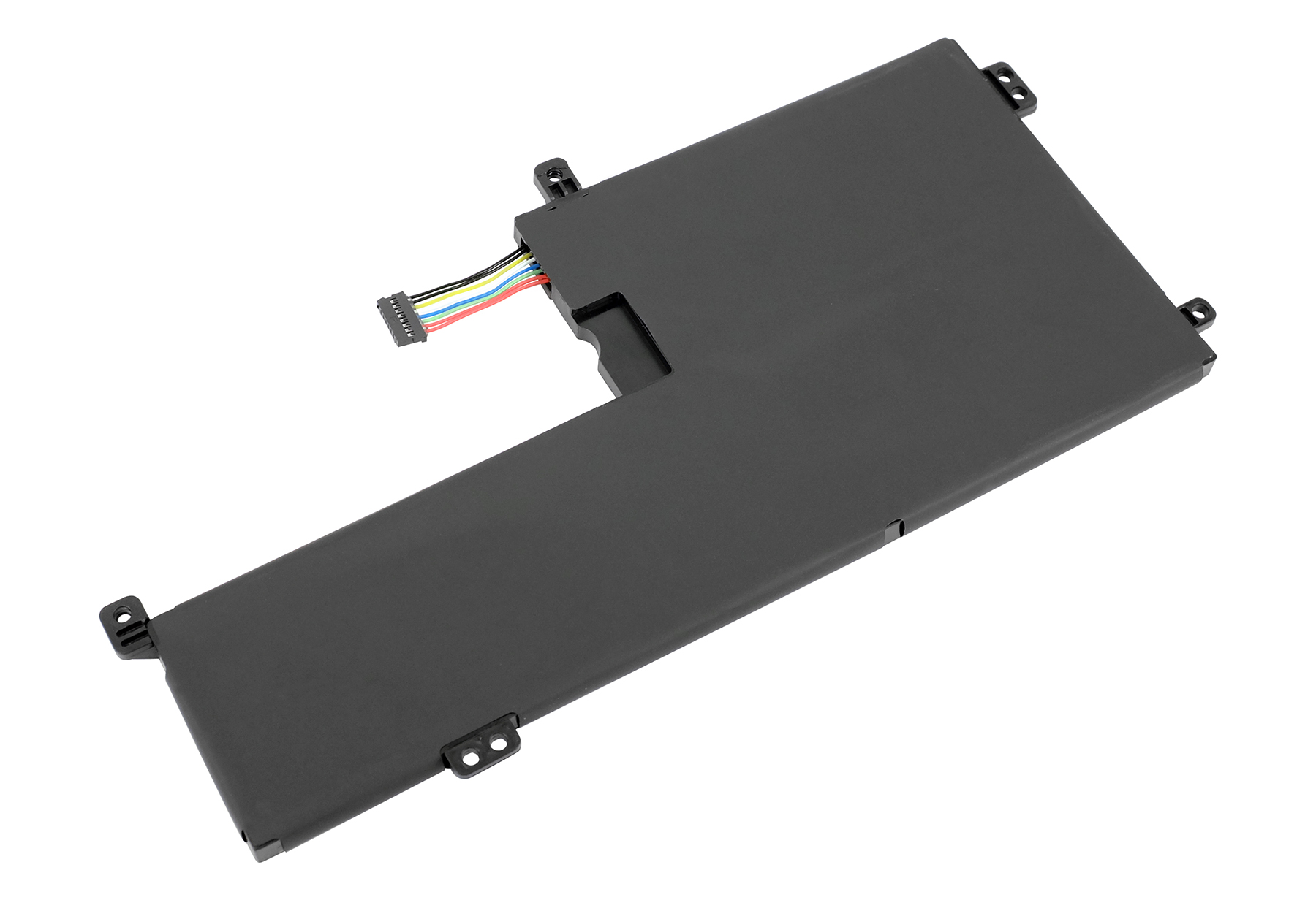 Ein schwarzer Laptop-Akku mit einem Stecker aus farbigen Drähten. Der Akku ist rechteckig mit Befestigungslöchern.