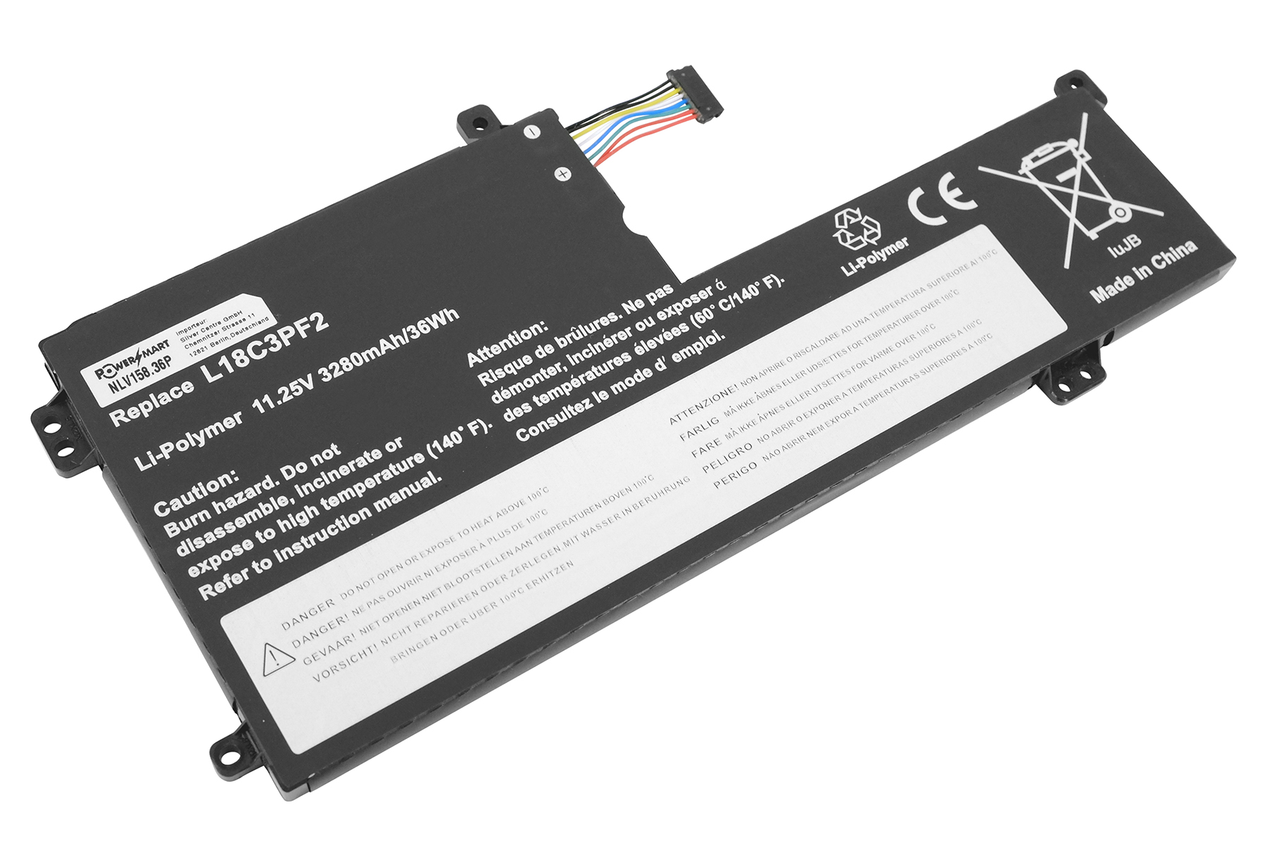 Ein Laptop-Akkupack mit Warnhinweisen. Es hat Textetiketten, einen Stecker und ein Warnsymbol.