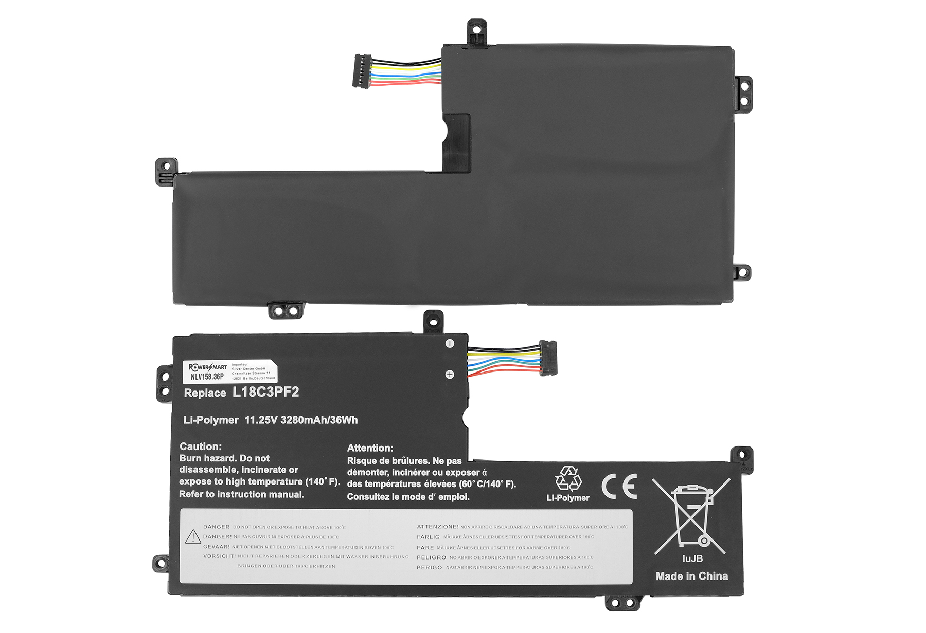 Laptop-Akku mit Warnhinweisen. Schwarz und grau, Li-Polymer. Enthält Text in mehreren Sprachen zu Verbrennungsgefahren und Temperatur.