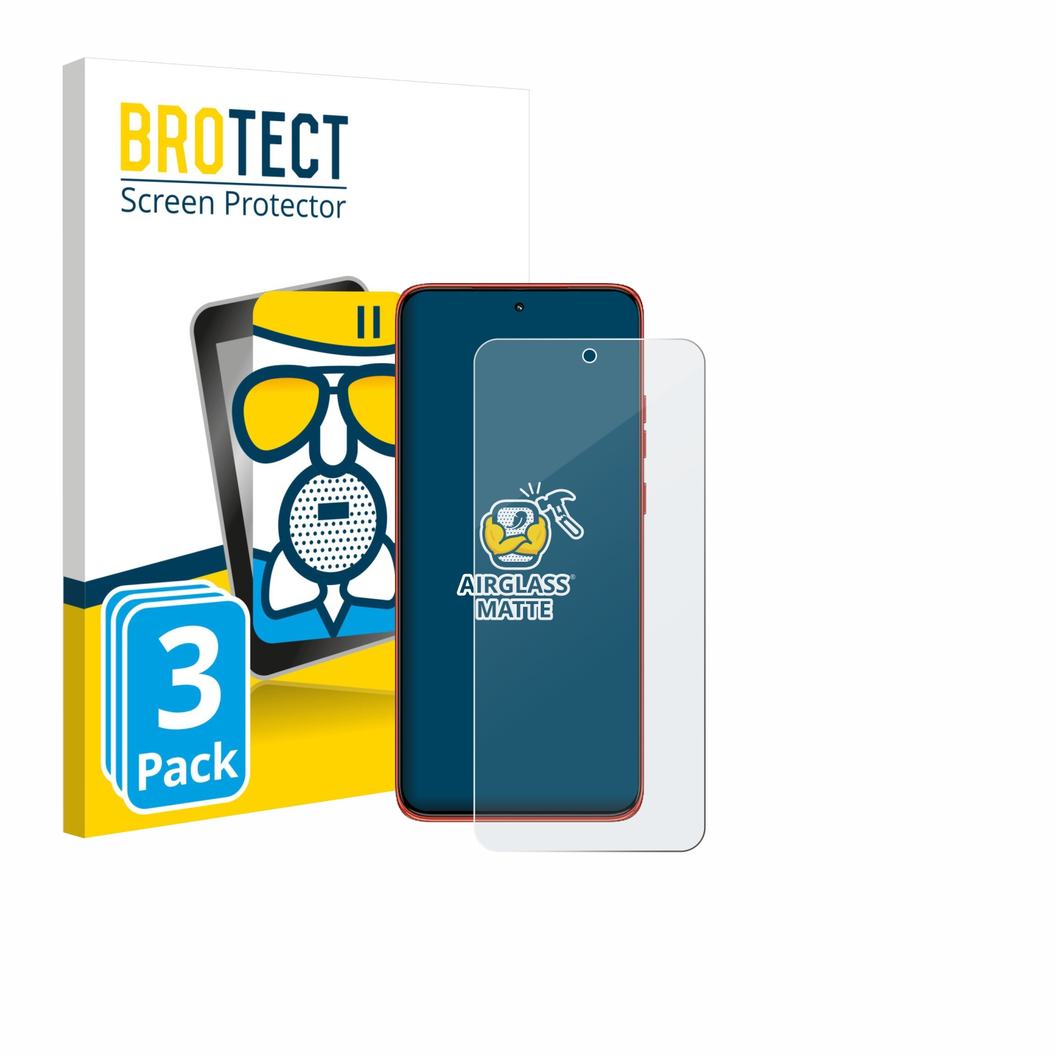 Produktbox mit Telefon, Displayschutzfolie und Smartphone. Auf der Box steht 'BROTECT Screen Protector' und '3 Pack'.