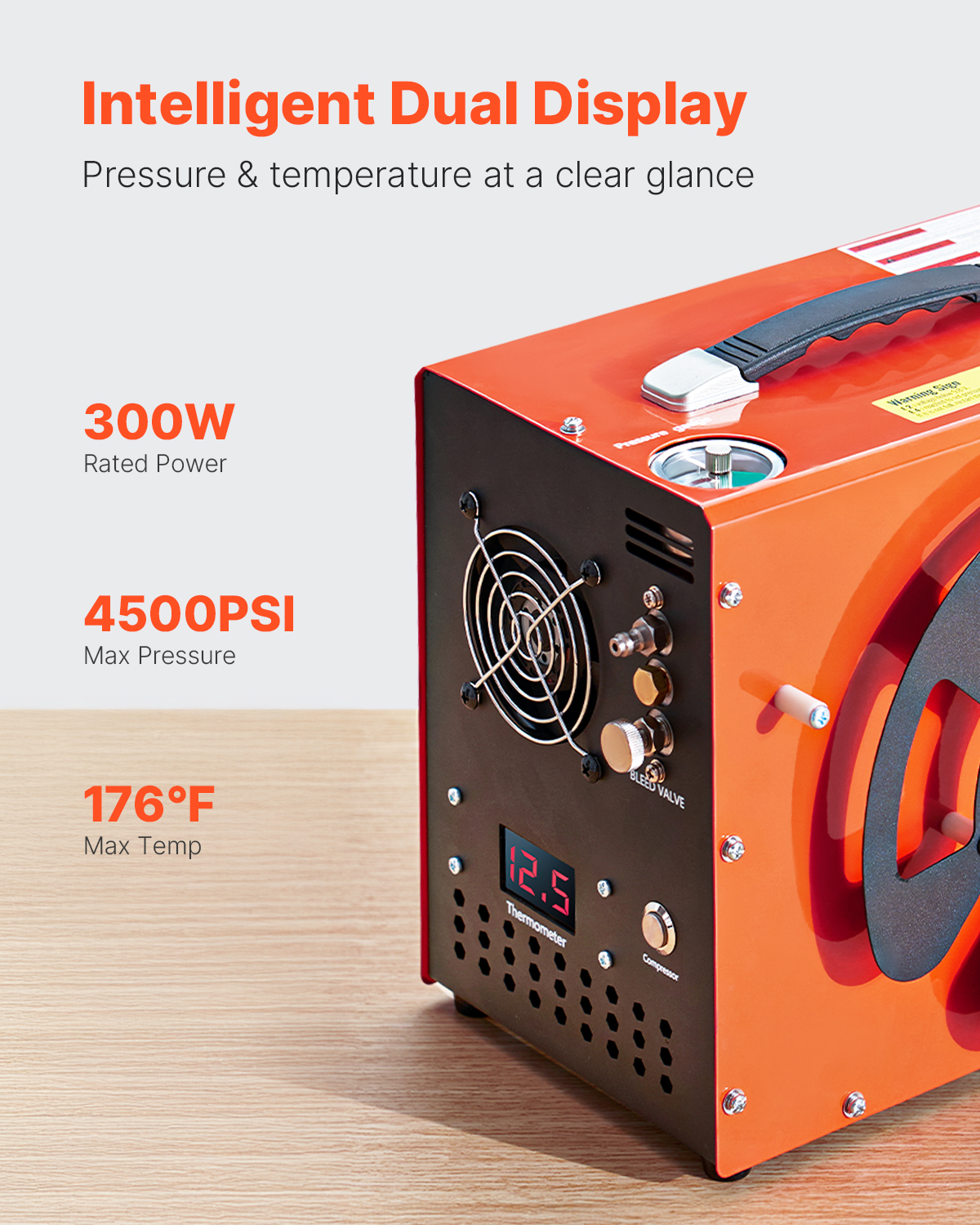 Una máquina naranja y negra con pantalla digital, ventilador y asa. El texto indica lecturas de potencia, presión y temperatura.