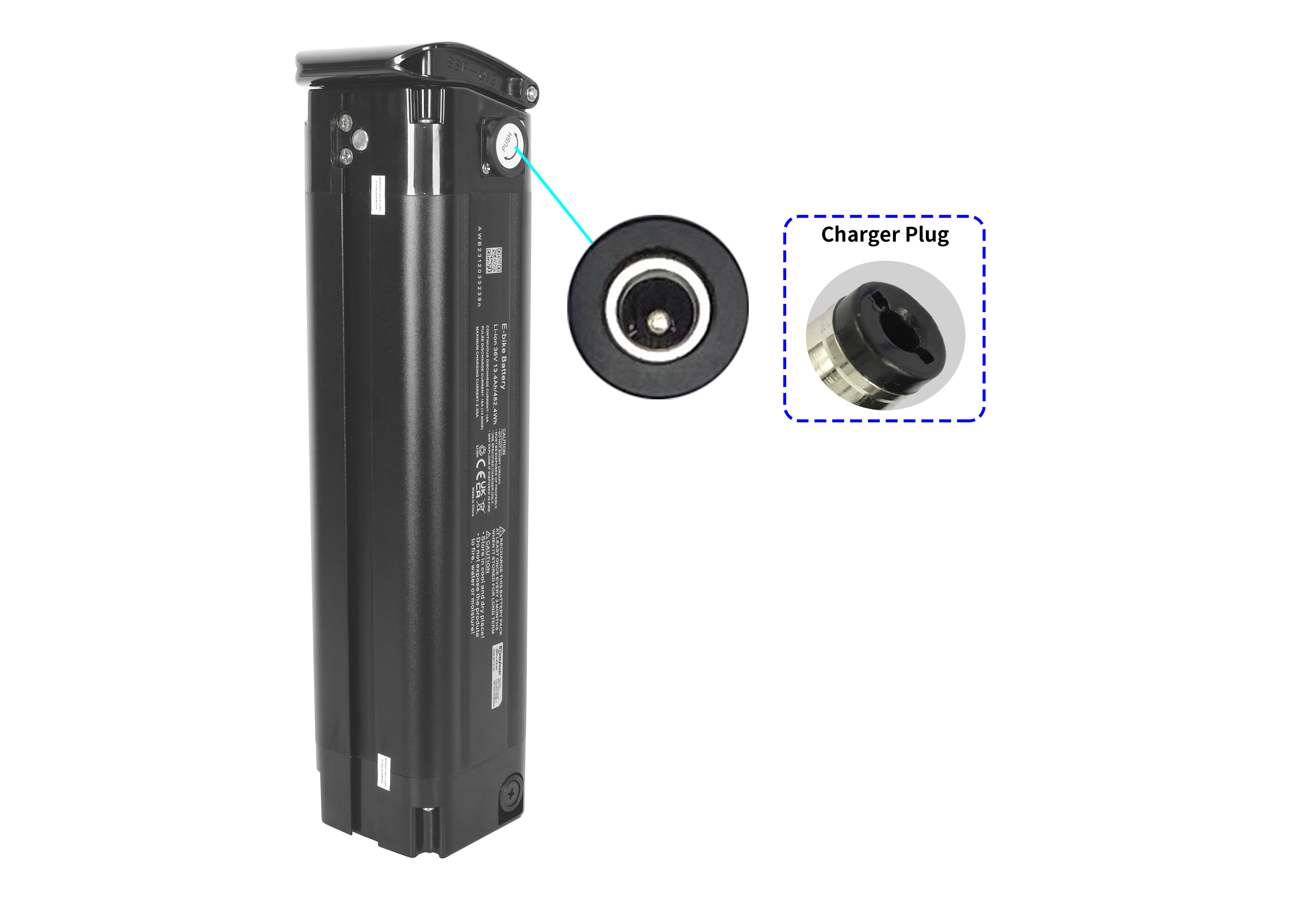 Schwarzer E-Bike-Akku mit Ladestecker-Detail. Weißer Hintergrund. Der Ladestecker ist ein kleiner, schwarz-silberner Kreis.