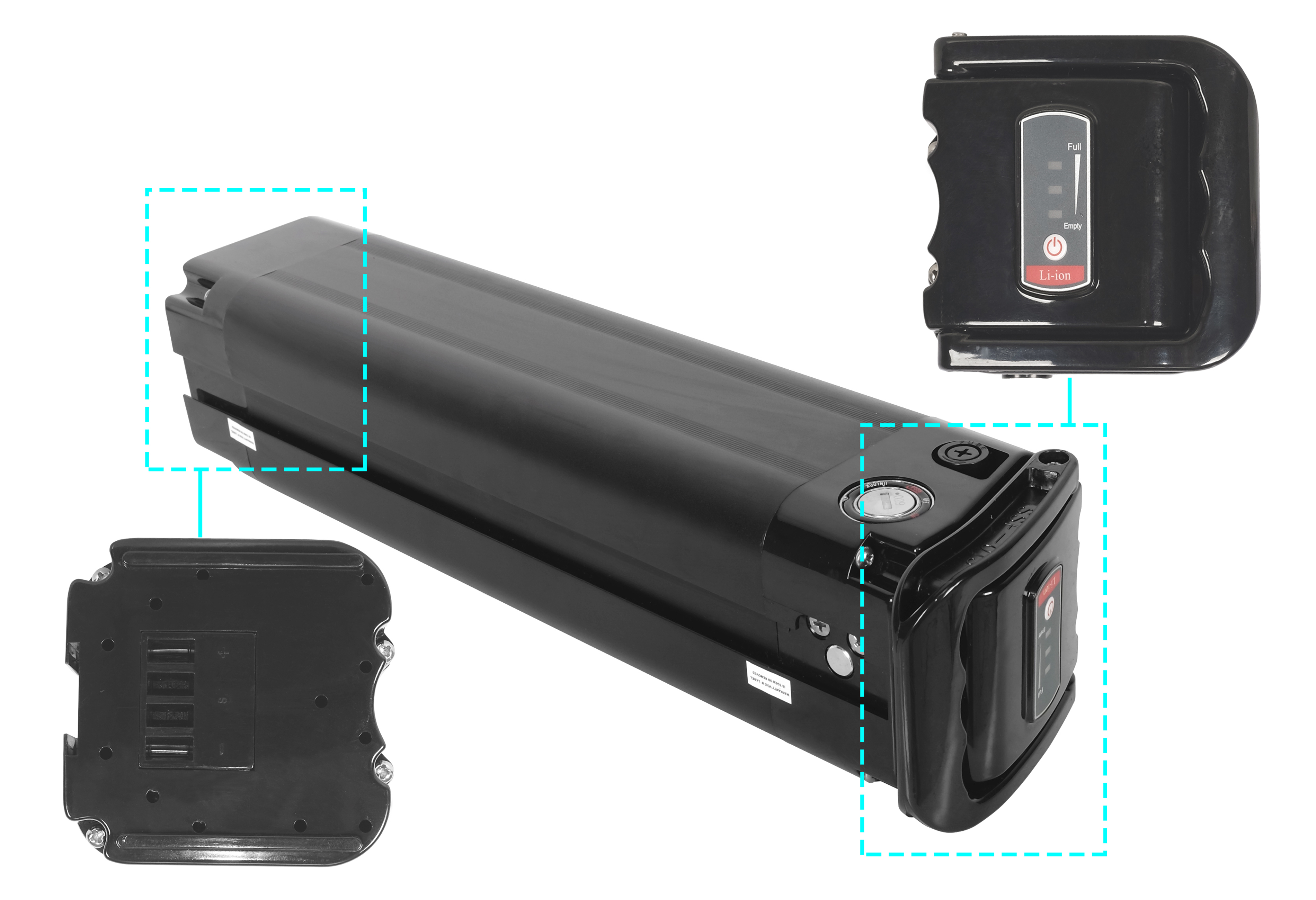 Schwarzer E-Bike-Akku mit Leistungsanzeigen und mehreren Ausschnitten. Enthält einen Power-Button und Ladeanschlüsse.