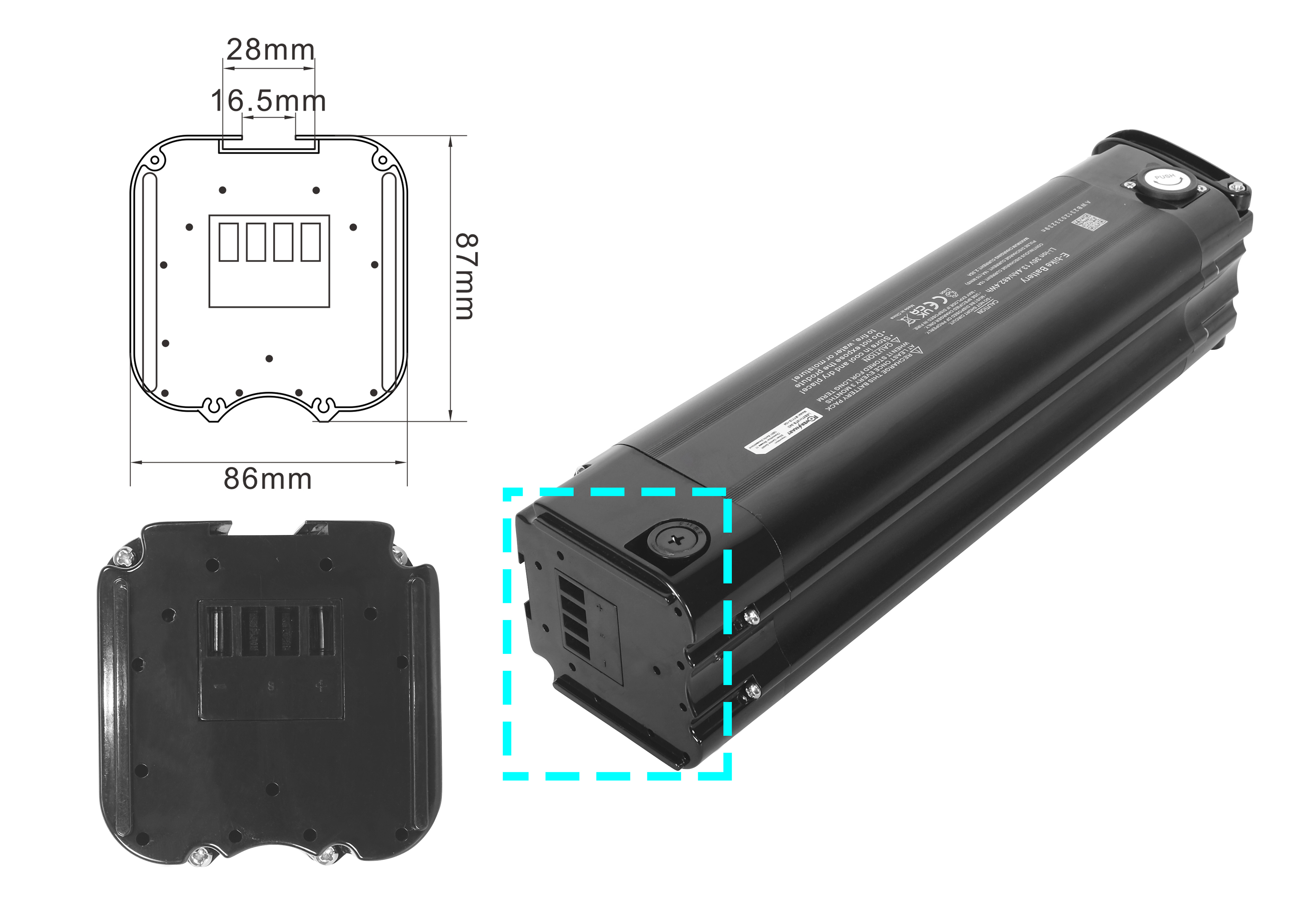 Schwarzer E-Bike-Akku mit Abmessungen, Draufsicht und Unteransicht. Enthält Textbeschriftungen und Messlinien.
