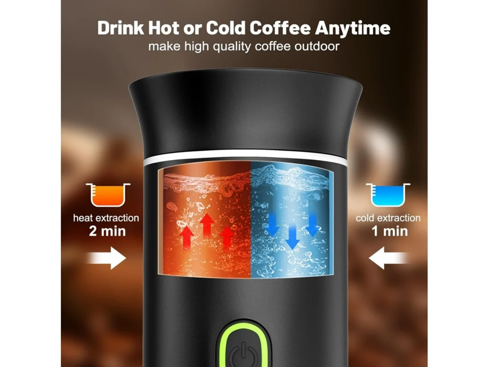 Schwarzer Kaffeezubereiter mit Wärme-/Kälteextraktionsgrafiken. Text: Jederzeit heißen oder kalten Kaffee trinken. Wärmeextraktion 2 Min., Kälteextraktion 1 Min.