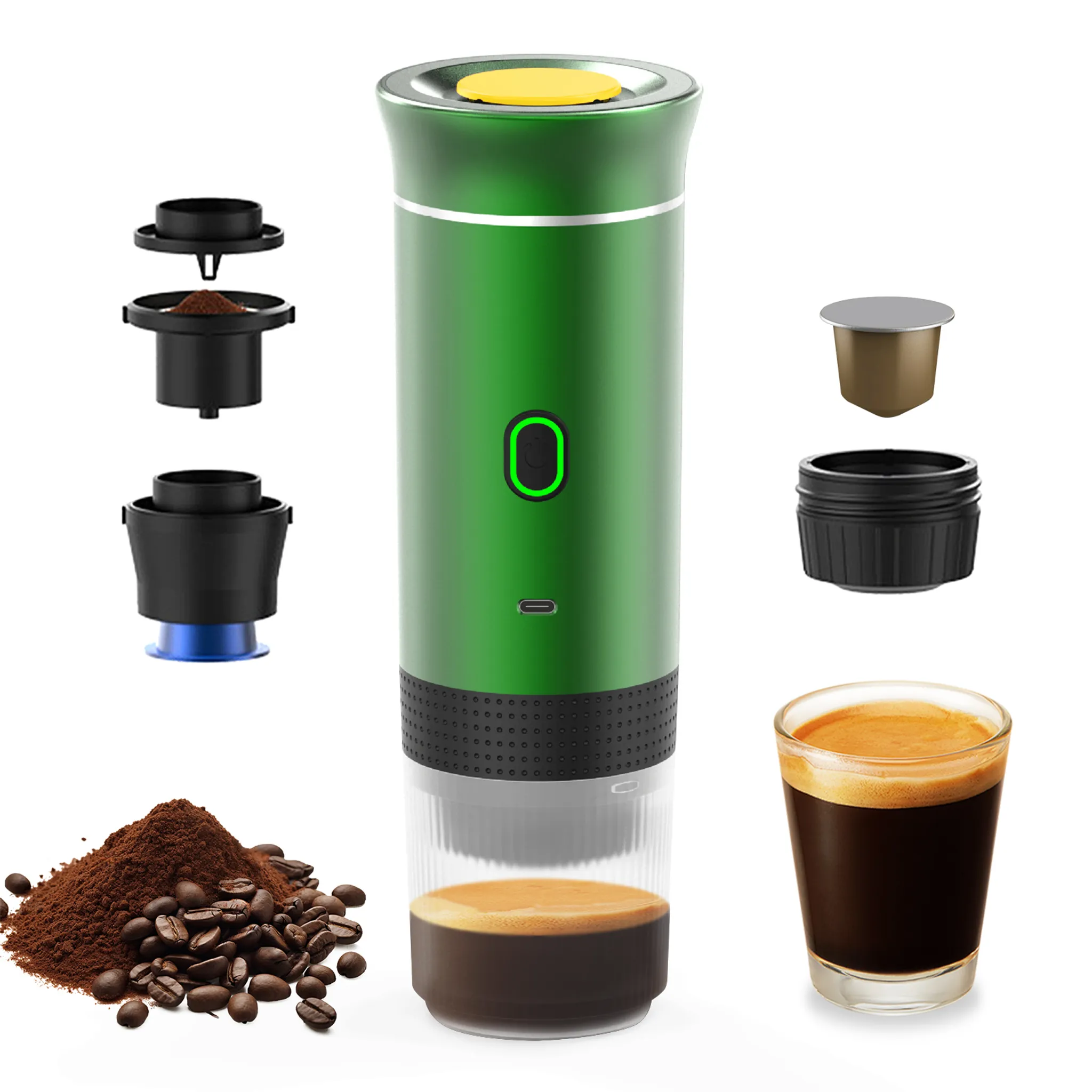 Ein grüner tragbarer Espressomacher mit Komponenten, Kaffeepulver, Bohnen und einem Espresso.