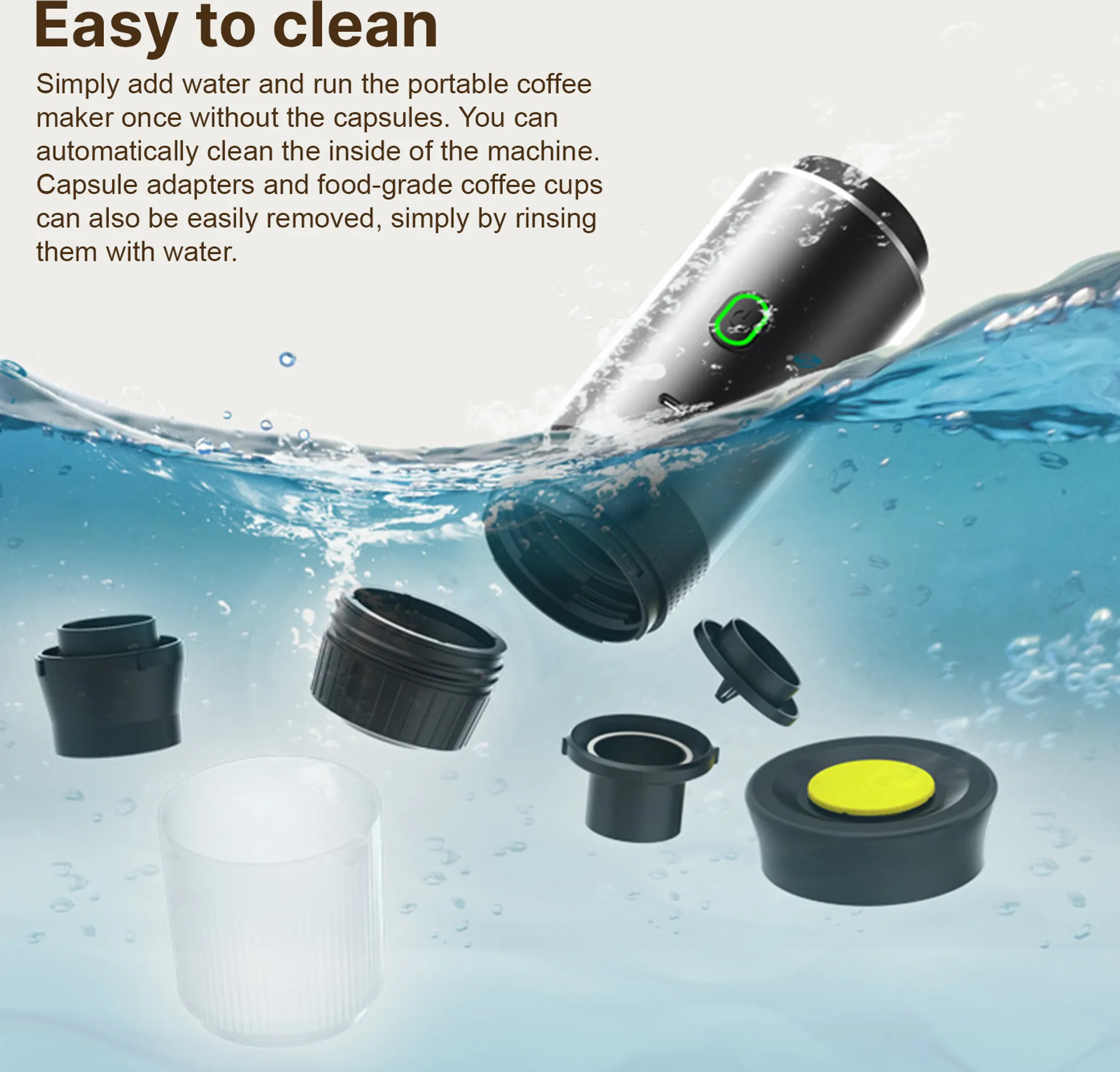 Kaffeemaschine im Wasser mit Komponenten. Schwarze und gelbe Teile. Wassertropfen. Der Text 'Easy to clean'.