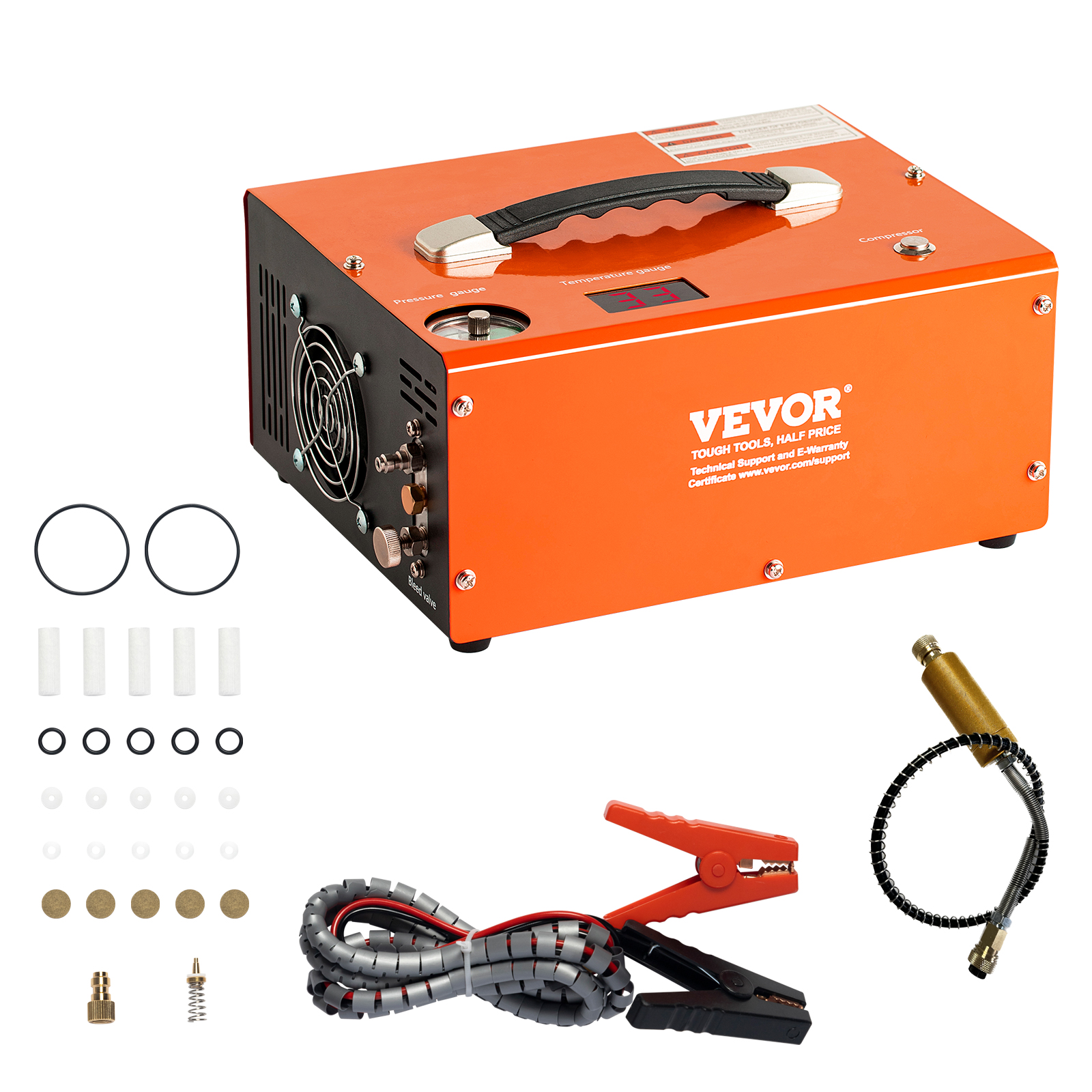 Ein orangefarbener VEVOR-Kompressor mit Zubehör: Klemmen, Schlauch, O-Ringe und Filter. Ein Manometer und eine Digitalanzeige sind sichtbar.