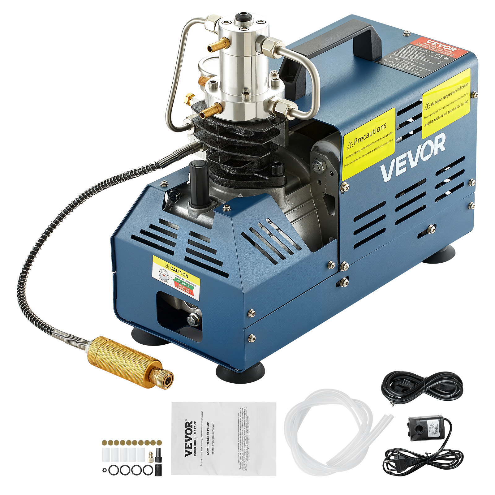 Ein blauer VEVOR-Kompressor. Zubehör umfasst Schläuche, ein Netzkabel und eine kleine Pumpe. Auf dem Kompressor befinden sich Warnhinweise.