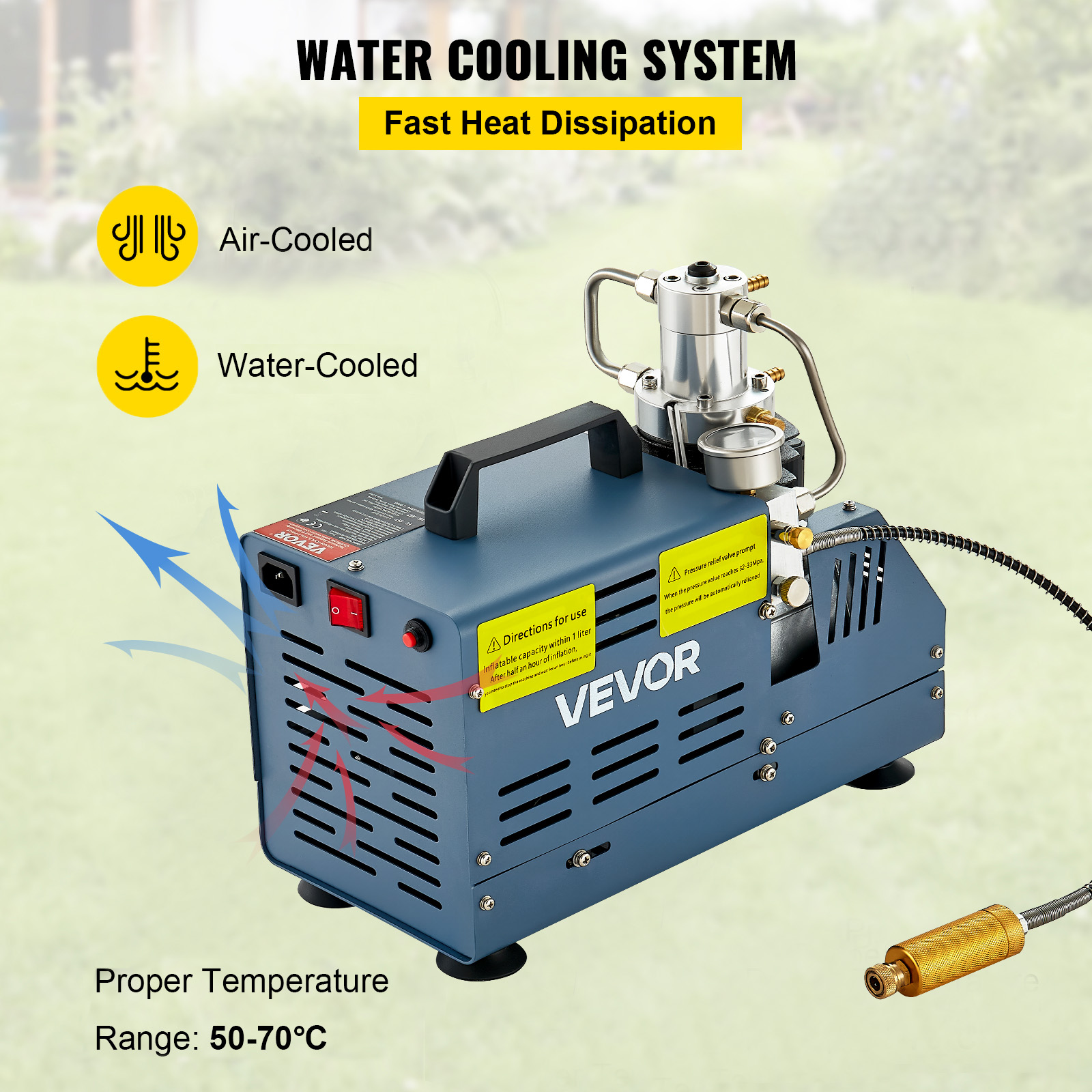 Ein blaues Vevor-Wasserkühlungssystem mit Griff und silbernen Komponenten. Text: 'Water Cooling System'.