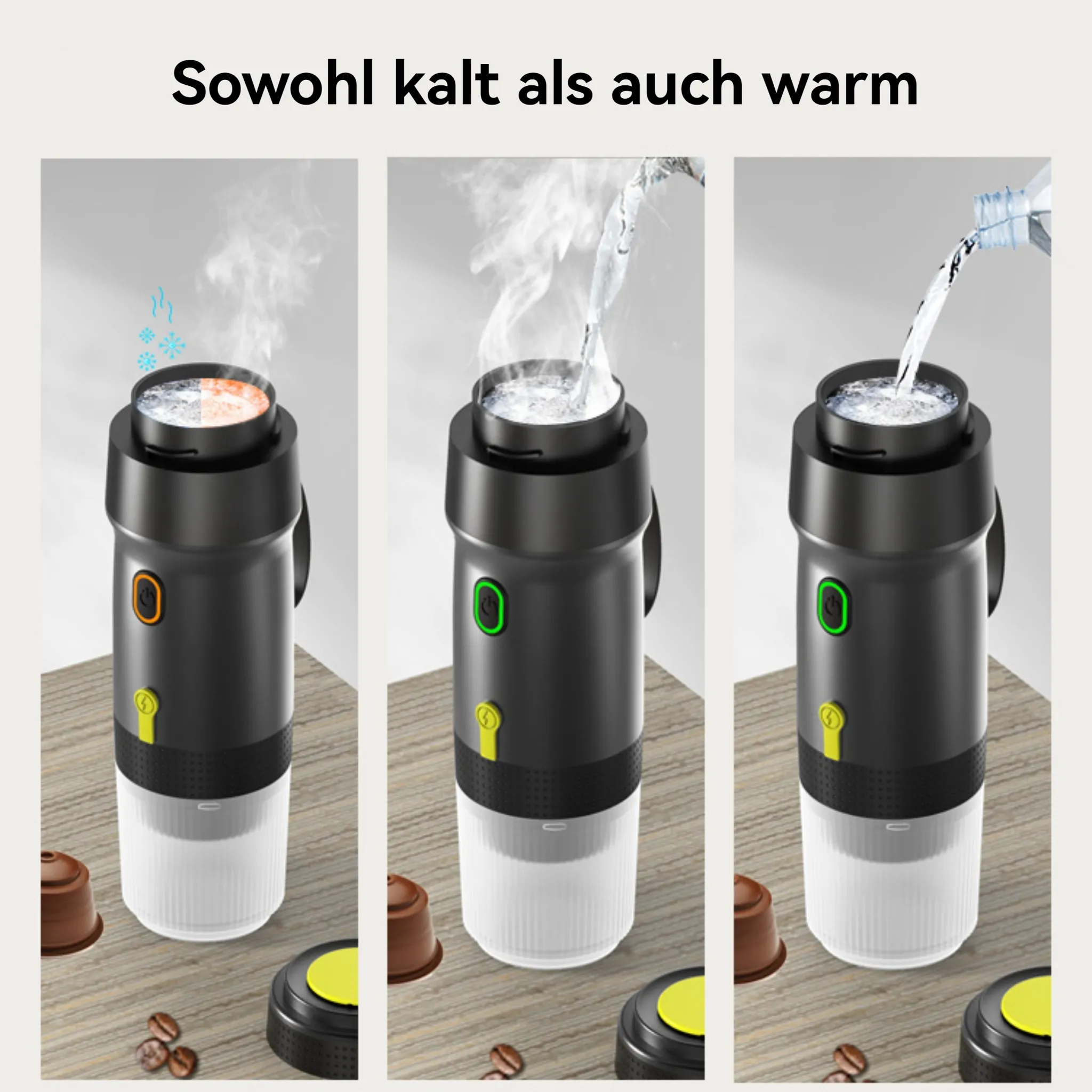 Das Bild zeigt einen Kaffeeautomaten mit drei Phasen: kalt, heiß und Wassergießen. Kaffeepads und Bohnen sind ebenfalls vorhanden.