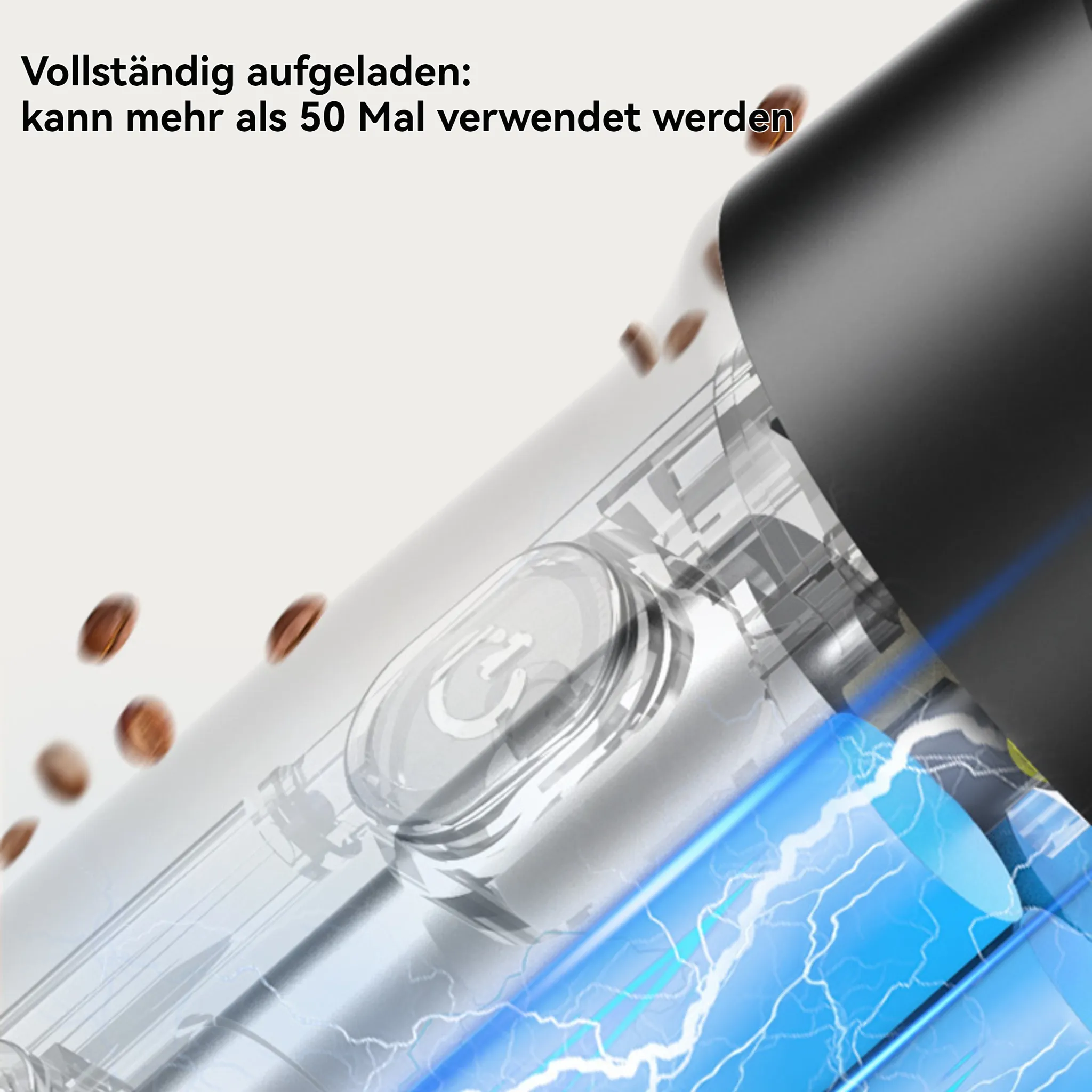 Nahaufnahme eines transparenten Geräts mit Power-Button, blauem Blitz und fallenden Kaffeebohnen. Text: 'Vollständig geladen'.