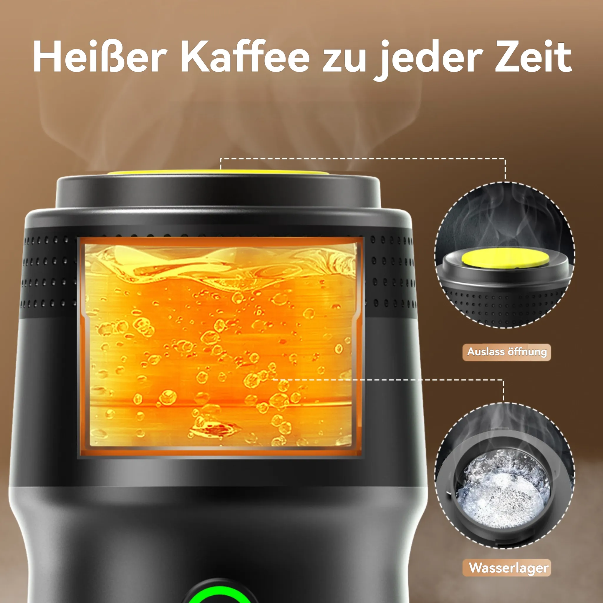 Kaffeemaschine mit gelbem Deckel und Innenansicht der heißen Flüssigkeit. Blasen sind sichtbar. Dampf steigt auf.
