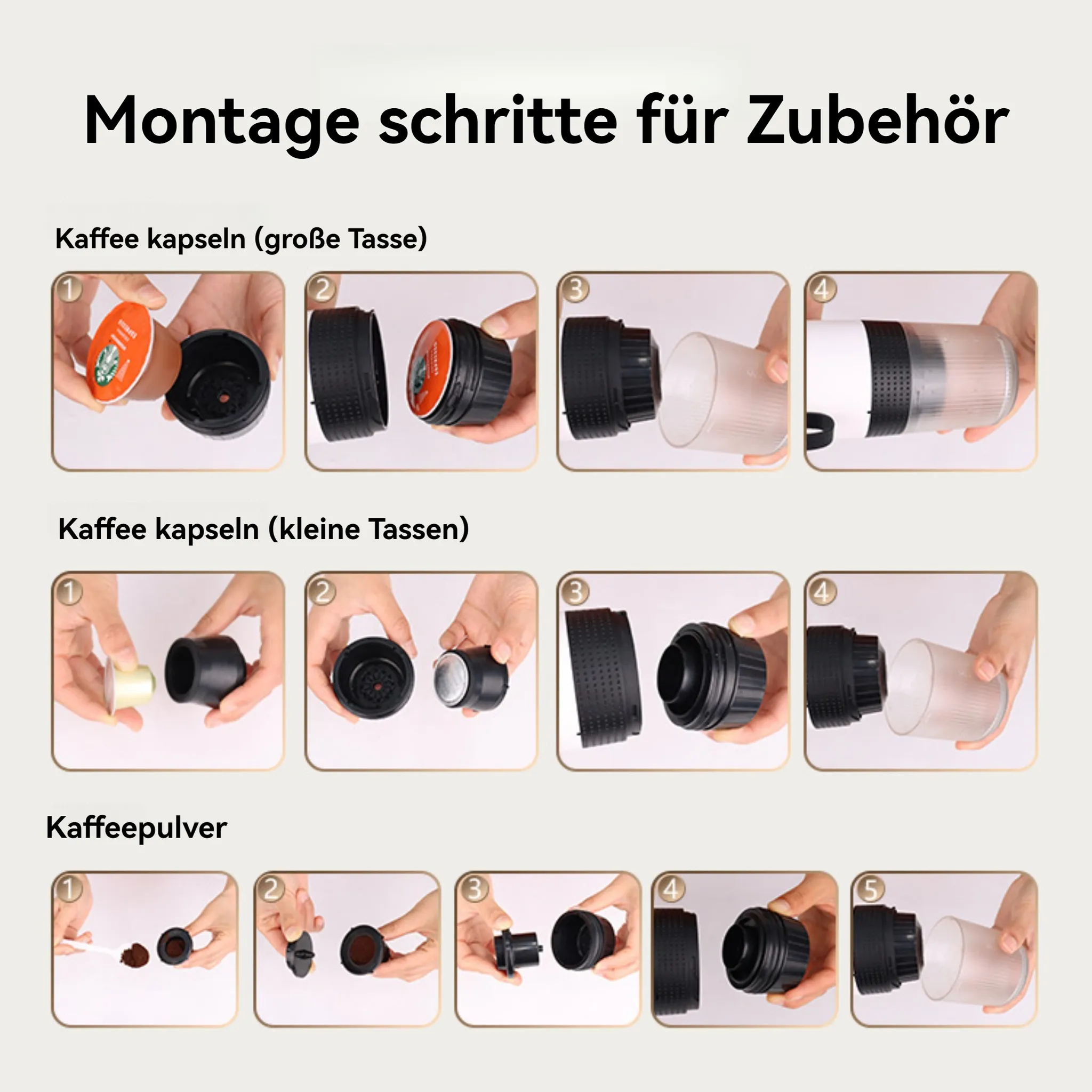 Montageschritte für Kaffee-Maschinenzubehör, einschließlich Kapsel- und Pulverzubereitung, in einer Bildsequenz gezeigt.
