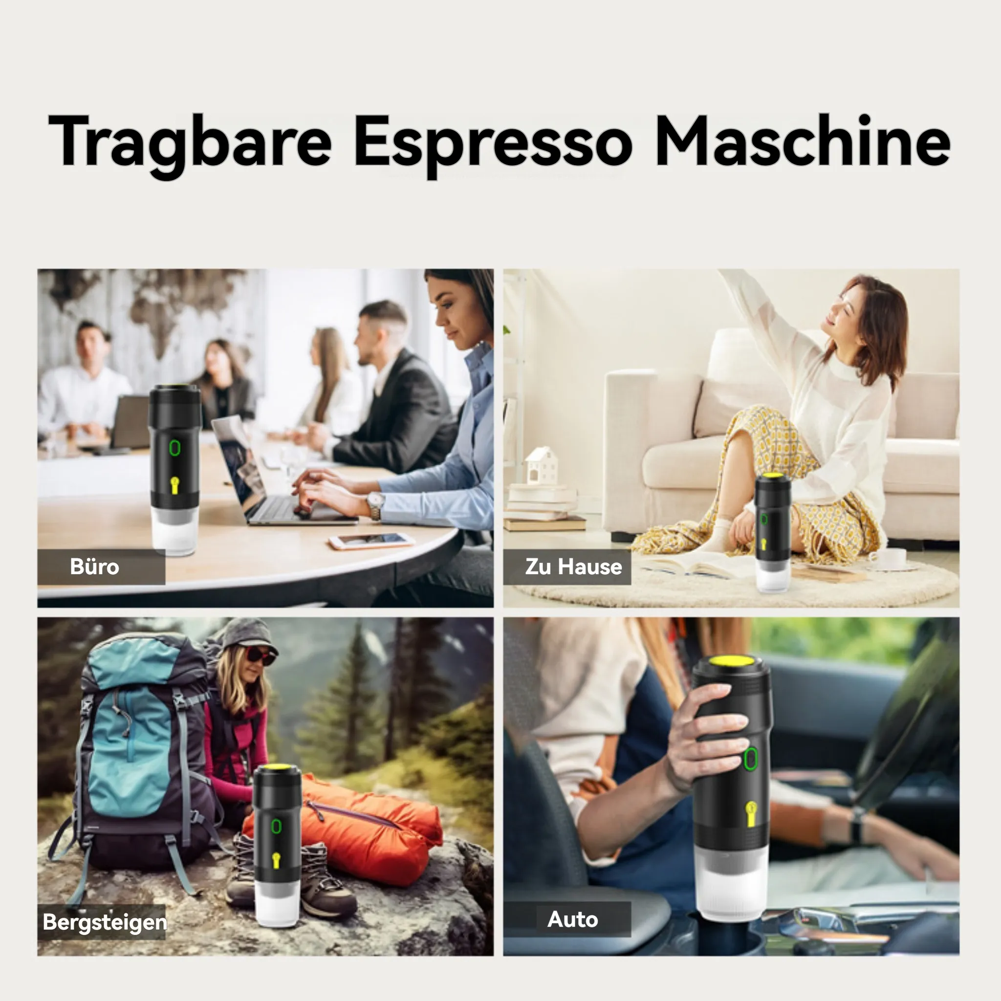 Das Bild zeigt eine tragbare Espressomaschine in vier verschiedenen Umgebungen: Büro, Zuhause, Wandern und Auto.