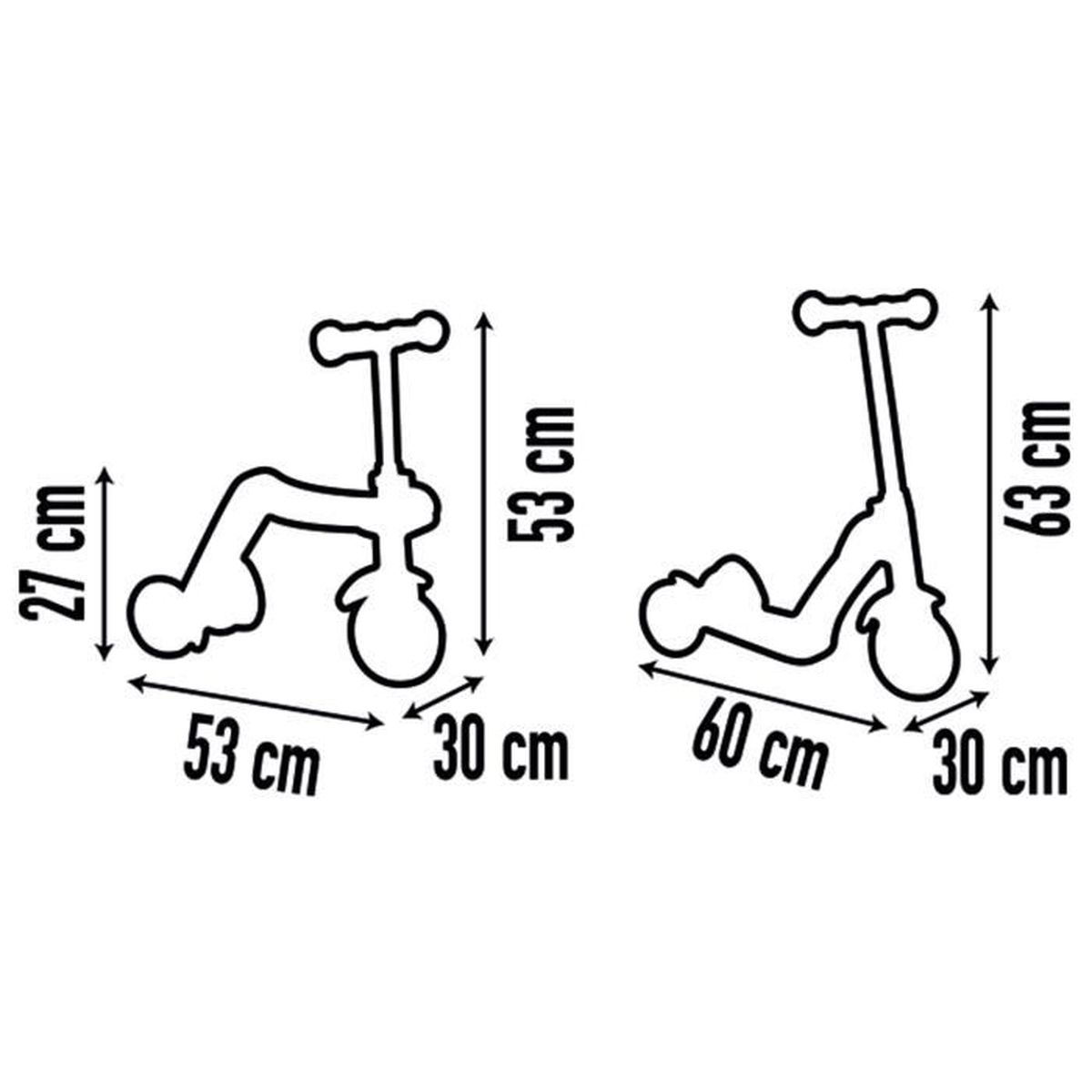 Zwei Umrisszeichnungen von Rollern. Maße sind angegeben: 27x53x30 cm und 63x60x30 cm. Weißer Hintergrund.