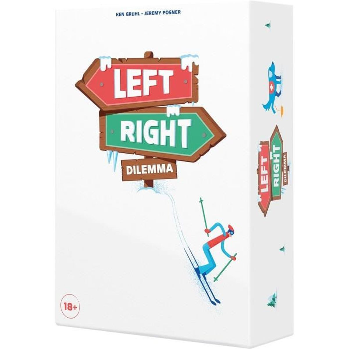 Spielbox mit 'Left Right Dilemma'. Zeigt Skifahrer und Richtungsschilder. Rote und grüne Farben. Weiße Box mit 18+ Label.