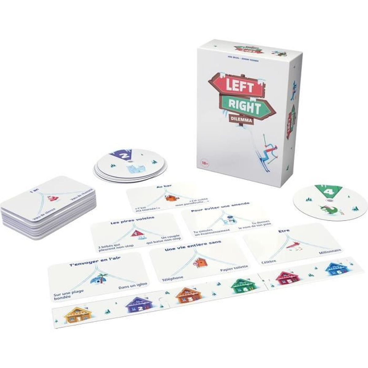 Ein Brettspiel, 'Left Right Dilemma', mit Karten und Spielsteinen. Karten zeigen Häuser und Szenarien. Die Box hat Skifiguren.