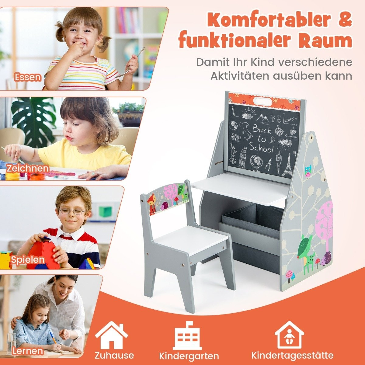 Un escritorio y silla para niños. El escritorio tiene una pizarra y almacenamiento. Se muestra a los niños comiendo, dibujando y jugando.