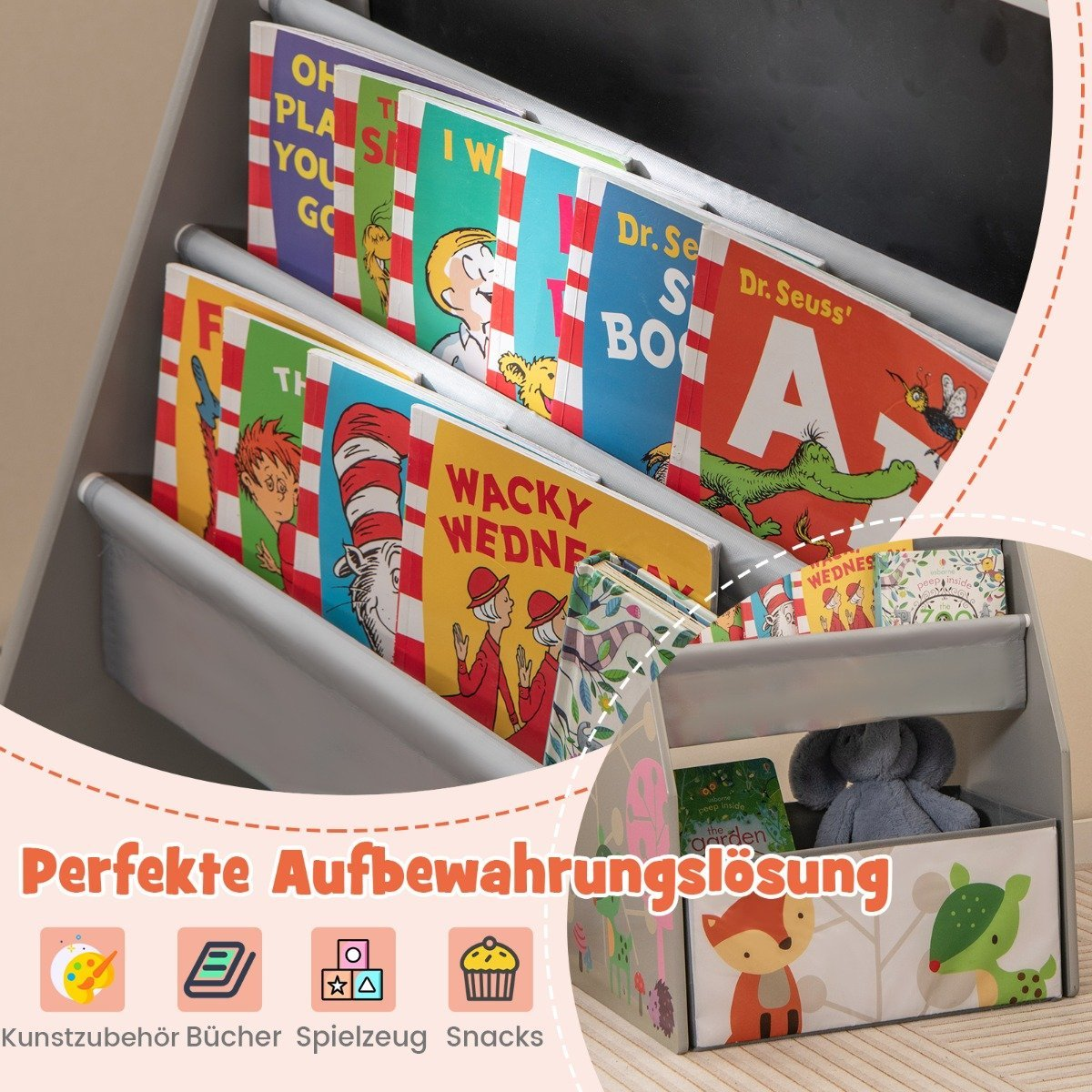 Una estantería gris llena de libros infantiles coloridos. El estante inferior tiene un peluche y un libro. Animales decorativos en el lado.