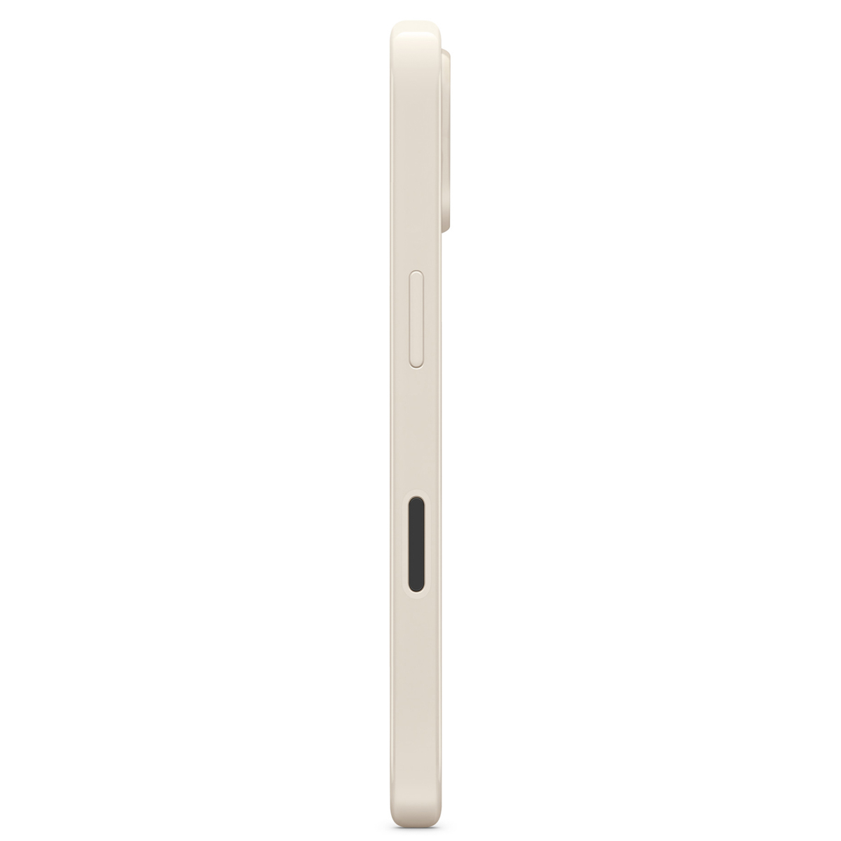 Seitenansicht eines hellbeige Telefons. Sichtbare Knöpfe und Kameraausbuchtung. Das Telefon steht aufrecht vor weißem Hintergrund.
