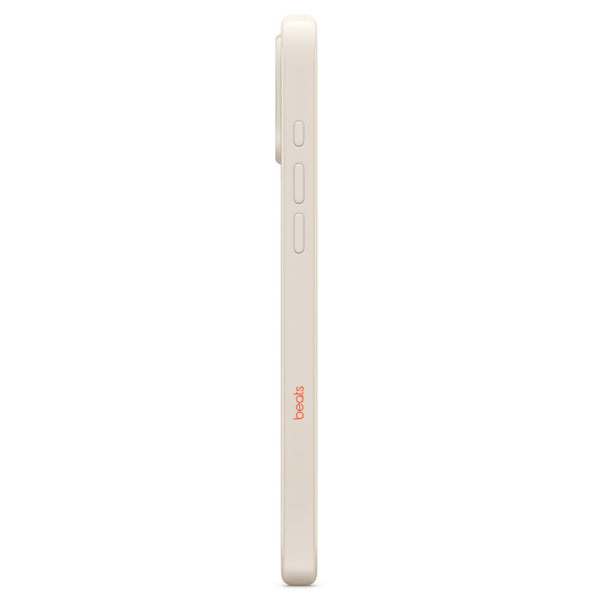 Een beige telefoonhoesje met drie knoppen aan de zijkant. Het woord 'beats' staat in rood op de hoes.