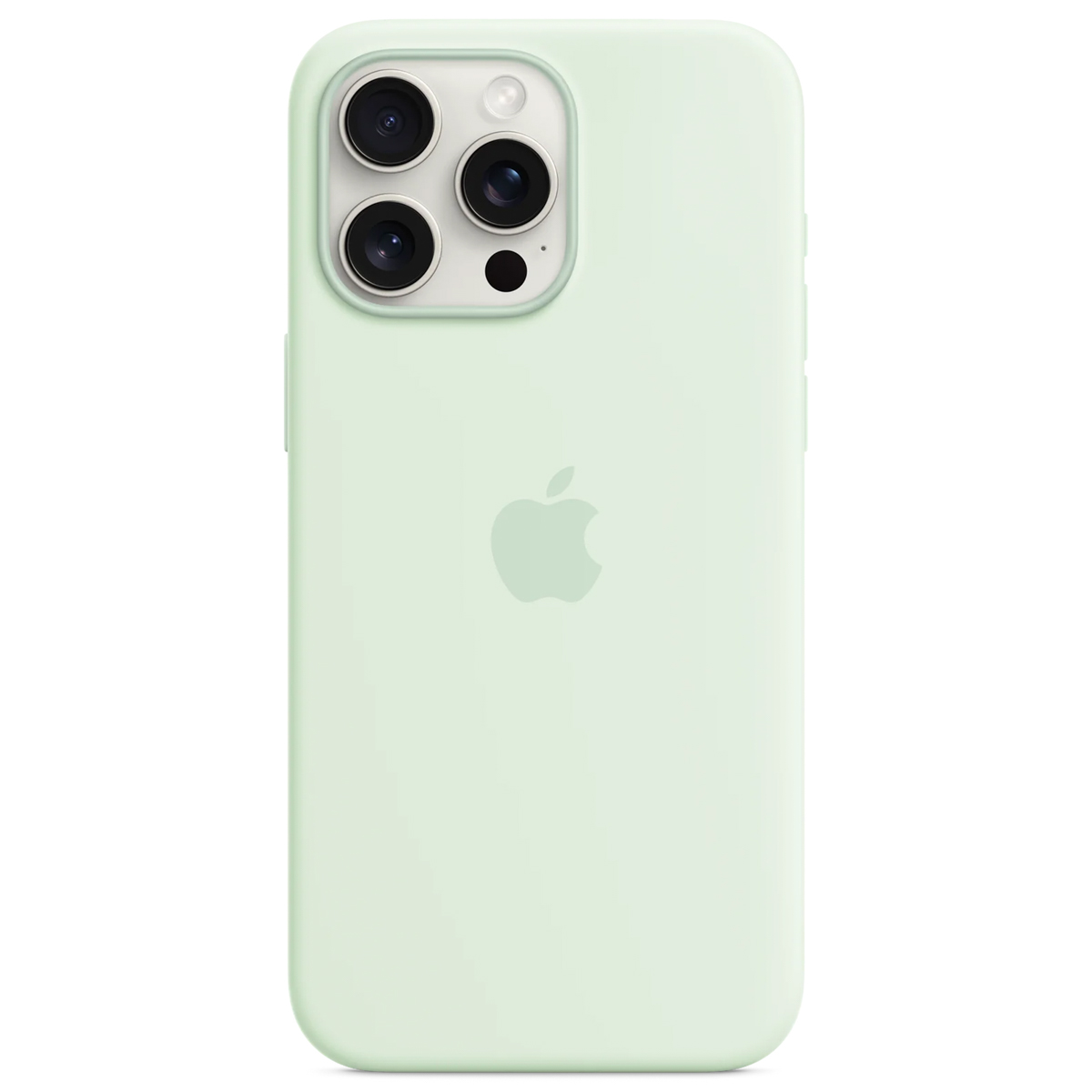 Een lichtgroene iPhone-hoes met Apple-logo. Het heeft drie cameralenzen en een flitser.
