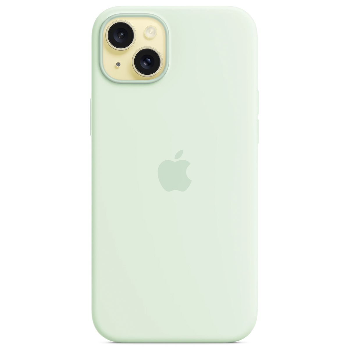 Een mintgroene iPhone met een siliconen hoesje. De achterkant toont het Apple-logo. Dubbele camera's zijn zichtbaar bovenaan.