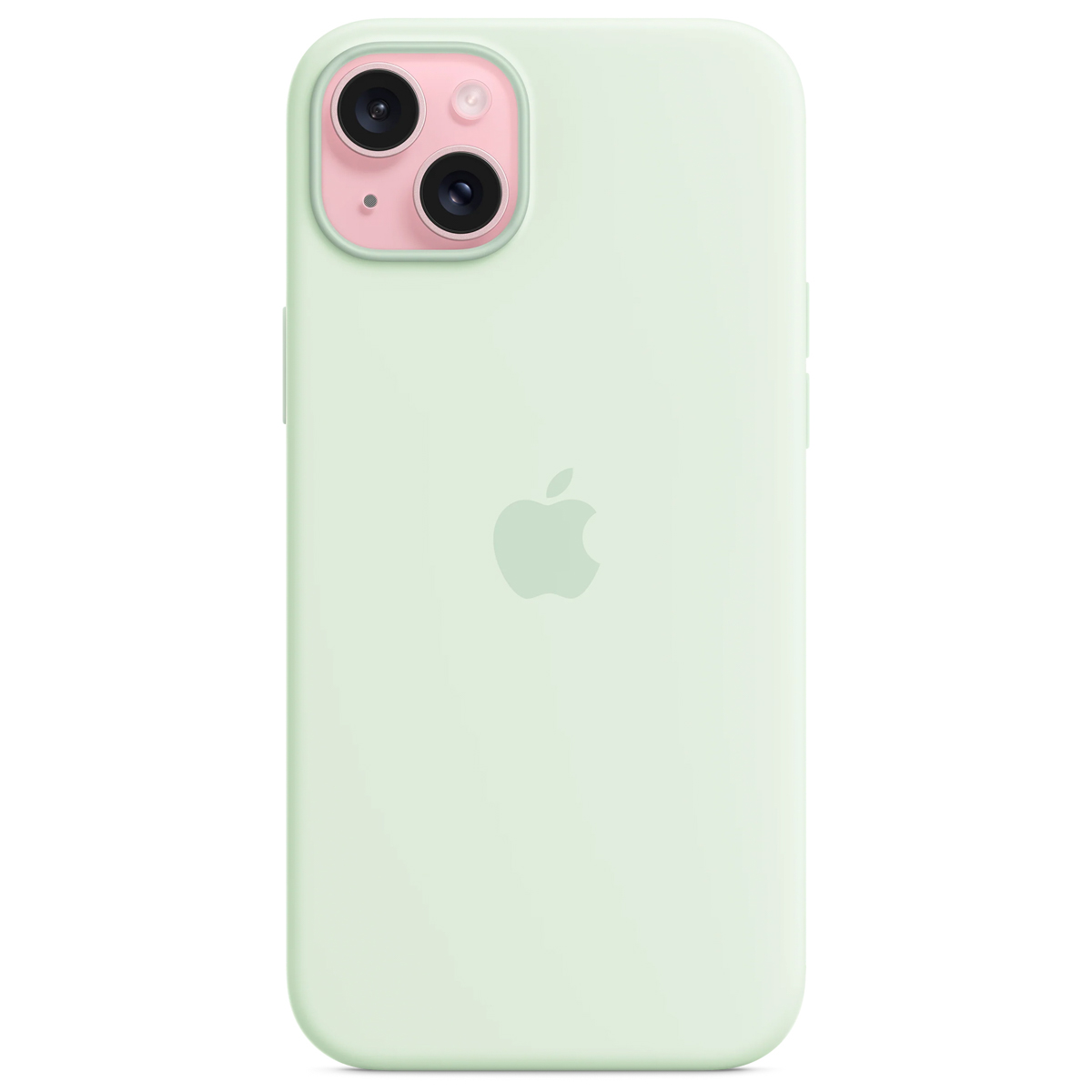 Een mintgroene iPhone-hoes. Het heeft een roze cameragedeelte met twee lenzen. Het Apple-logo staat in het midden.