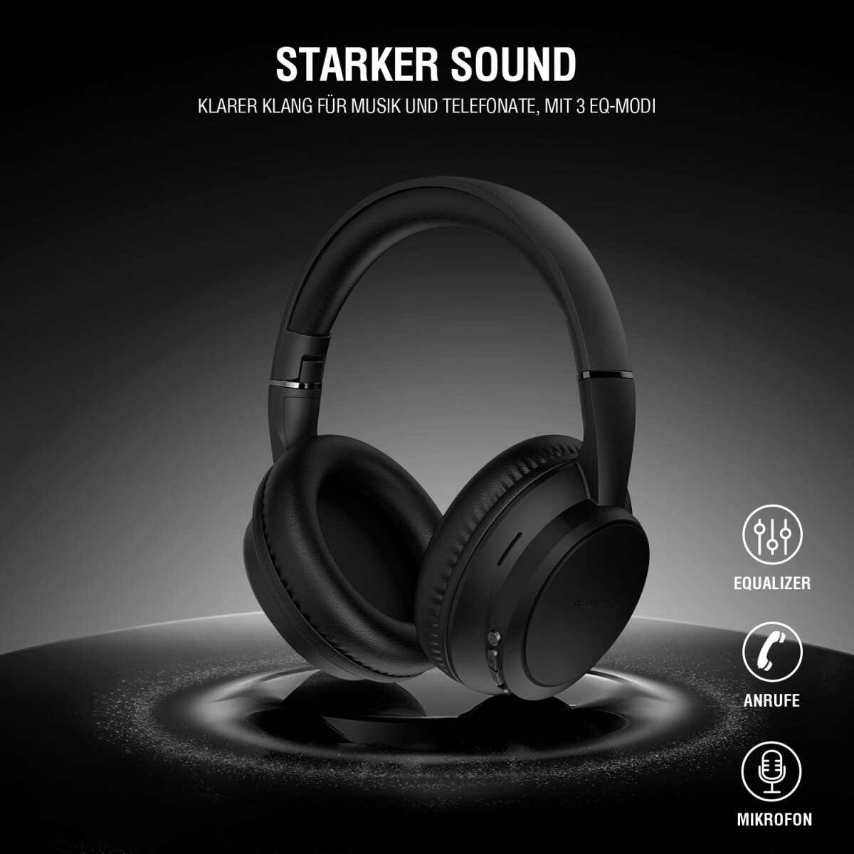 Cuffie nere su superficie scura, con testo 'Starker Sound'. Sono visibili icone per equalizzatore, chiamate e microfono.